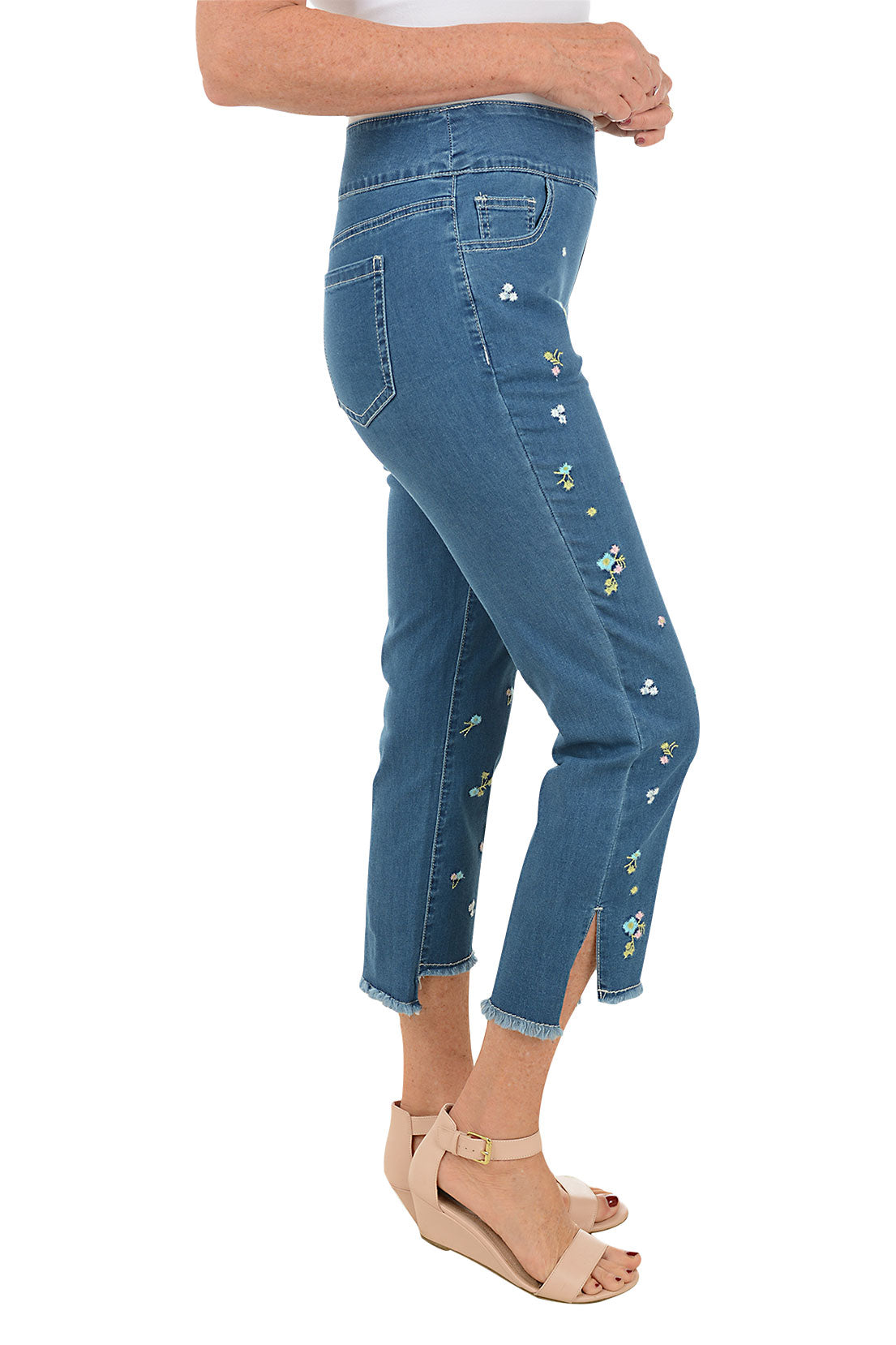 Ditsy Floral Embroidered Denim Ankle Pants for Women - Boho Chic High Waisted Skinny Jeans - Perfect for Casual Outings & Summer Fashion