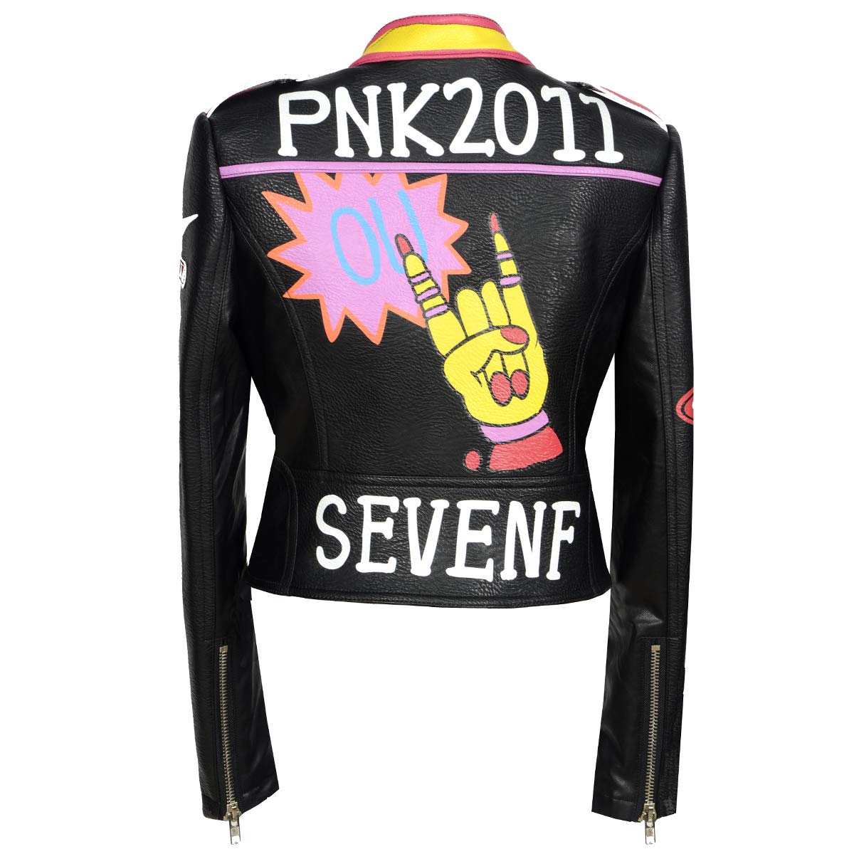 ZJX Women's Printed Black Rivet Badge Slim Fitted Short Leather Jacket (Size L, Black) | Stylish Biker Jacket for Casual Outings, Night Out & Motorcycle Rides