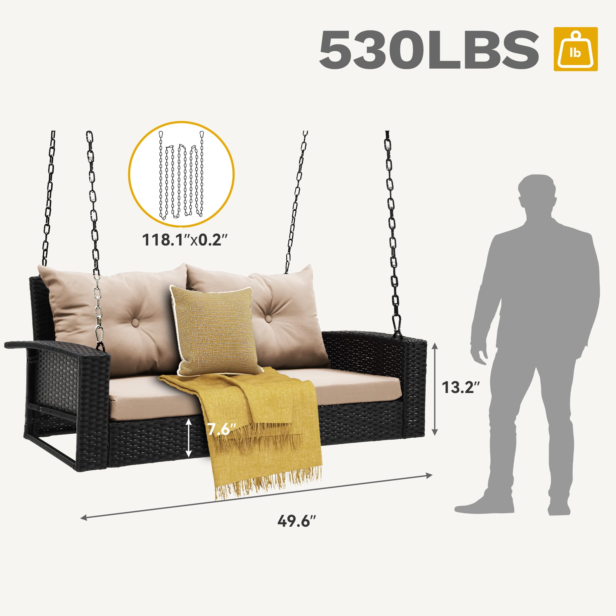DWVO Brown Rattan Hanging Porch Swing Chair - 530lb Capacity Outdoor Patio Swing with 2 Cushions for Garden, Balcony, Backyard - Perfect for Relaxing, Lounging & Reading in Your Outdoor Space