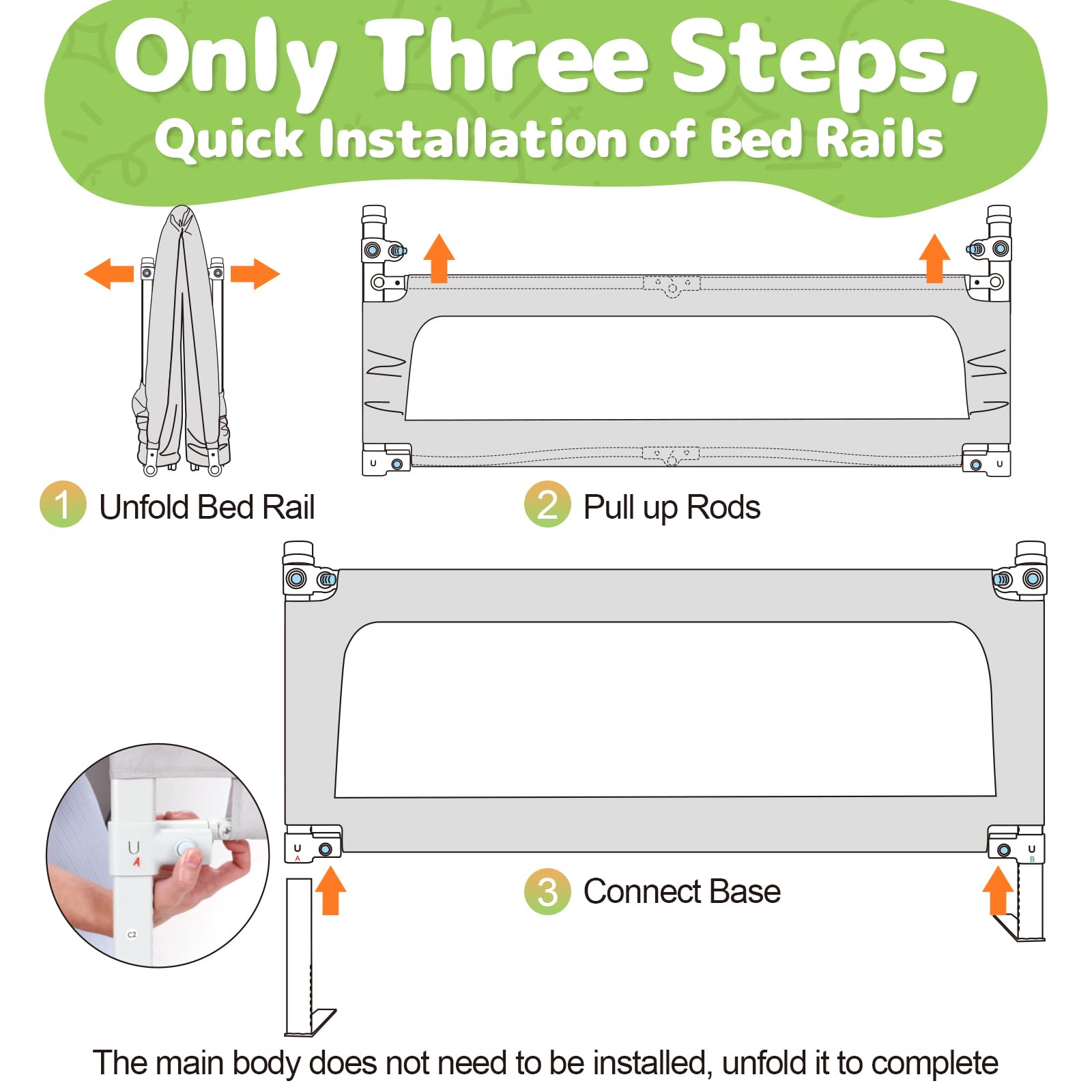 **Omzer Foldable Adjustable Baby Bed Safety Rail with Child Lock - 3 Pack (78.7x78.7x74