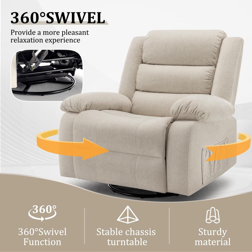 Premium Recliner Rocking Chair with Massage & Heat - 360° Swivel Oversized Adult Rocker, Soft Cashmere Upholstery, Beige Living Room Reclining Sofa - Perfect for Nursery, Home Theater & Relaxation Spaces