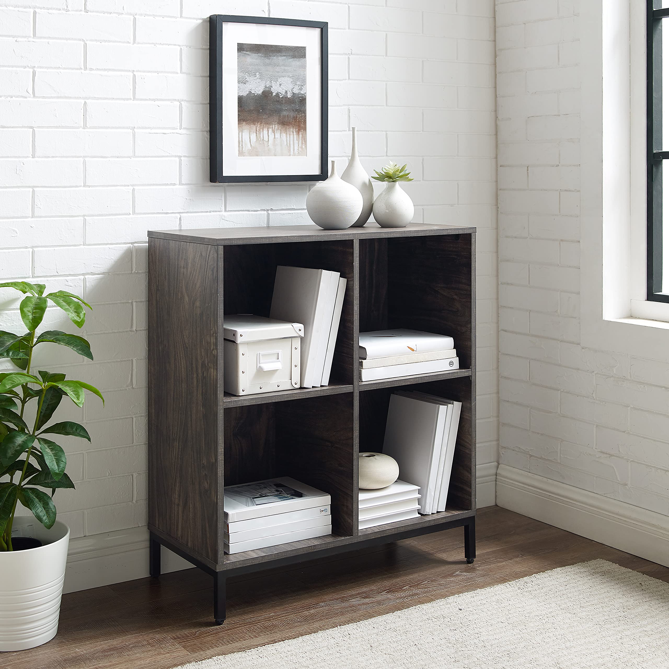 Crosley Jacobsen Storage Cube Bookcase & Vinyl Record Player Stand with Record Holder - Brown Ash Finish | Perfect for Living Room, Bedroom & Home Office Organization