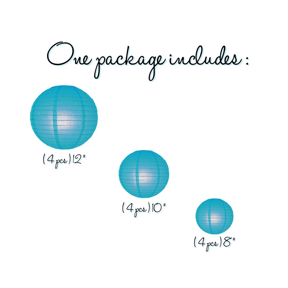 12 Pack Turquoise Paper Lanterns - Chinese Hanging Decorations for Wedding, Party & Home Decor (12/10/8 Inch) - Perfect for Asian-Themed Events, Baby Showers & Festival Decorations