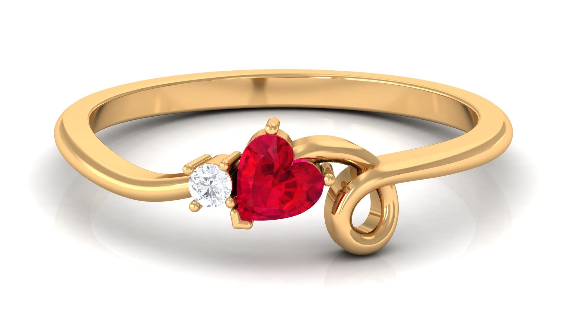14K Solid Gold Ruby and Diamond Heart Promise Ring - July Birthstone, Twisted Gold Band for Anniversary, Engagement, or Gift (Cute Heart Ruby Ring)
