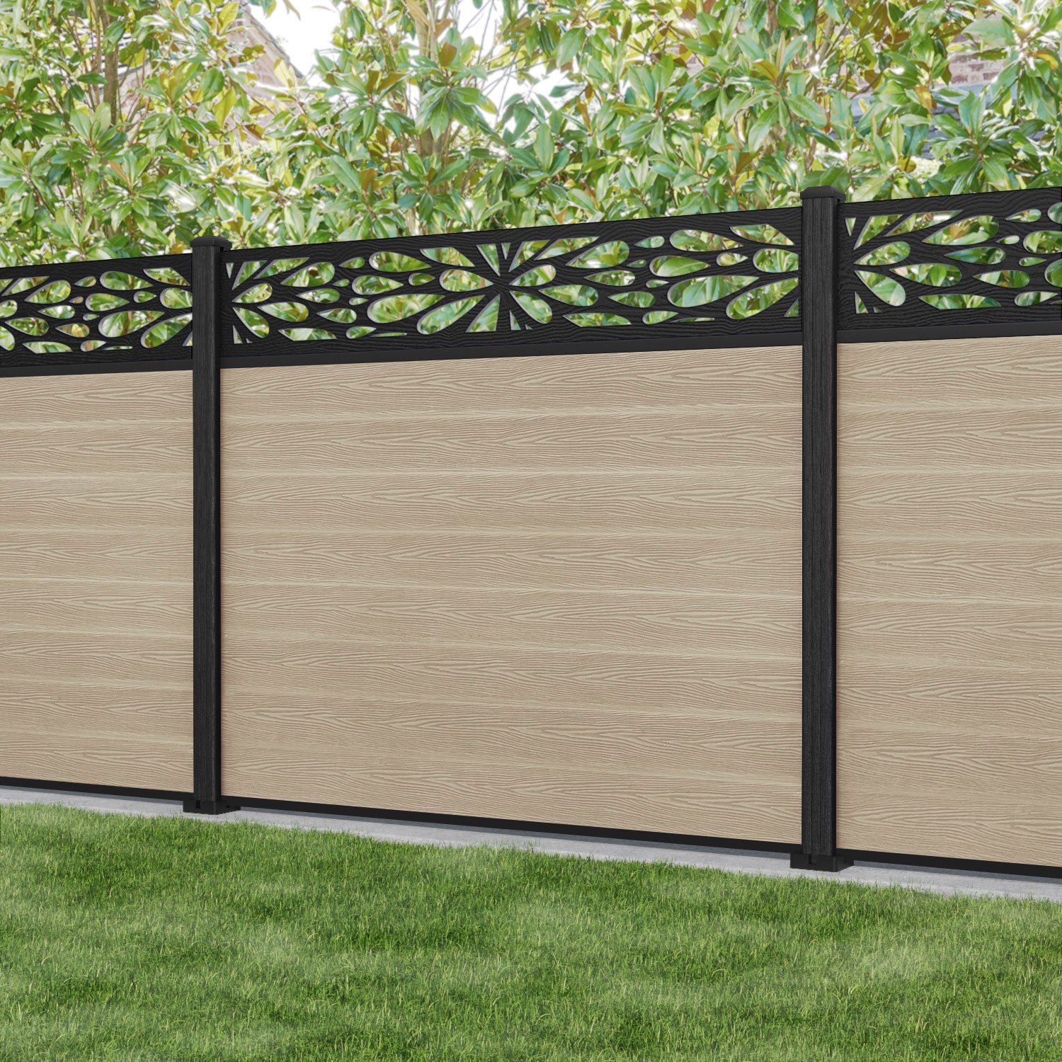 Classic Blossom Fence Panel - Light Oak Composite Wood Privacy Fence with Durable Composite Posts | Perfect for Backyard, Garden, and Patio Decoration