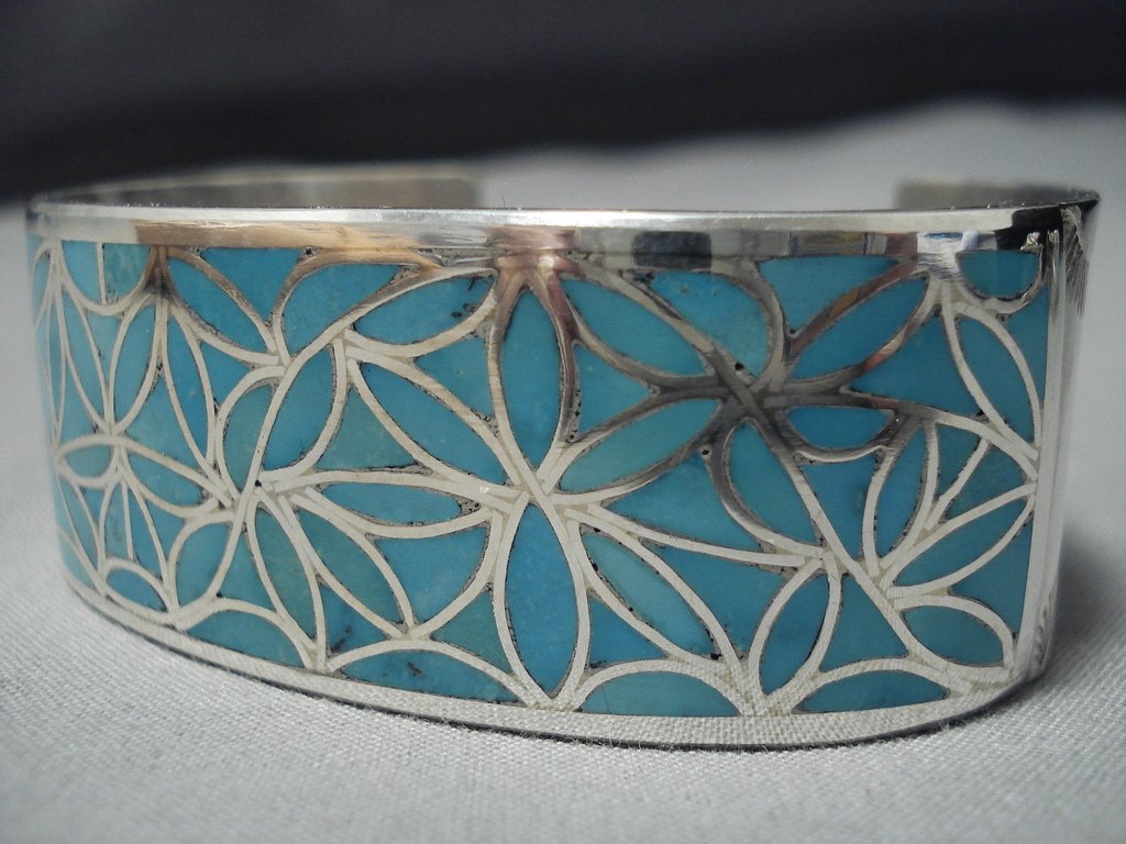 Authentic Zuni Sterling Silver Bracelet with Turquoise Inlay - Handmade Native American Jewelry for Women - Perfect for Boho Fashion, Gift Giving & Special Occasions