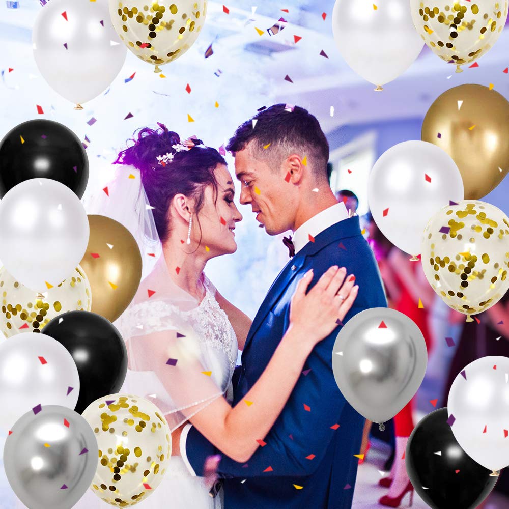 50pcs 12 Inch Black Gold Silver Metallic Latex Balloons with Ribbon - Premium Thick Confetti Party Balloons for Wedding, Birthday, Baby Shower Decorations - Perfect for Anniversary Celebrations, Graduation Parties & Holiday Events