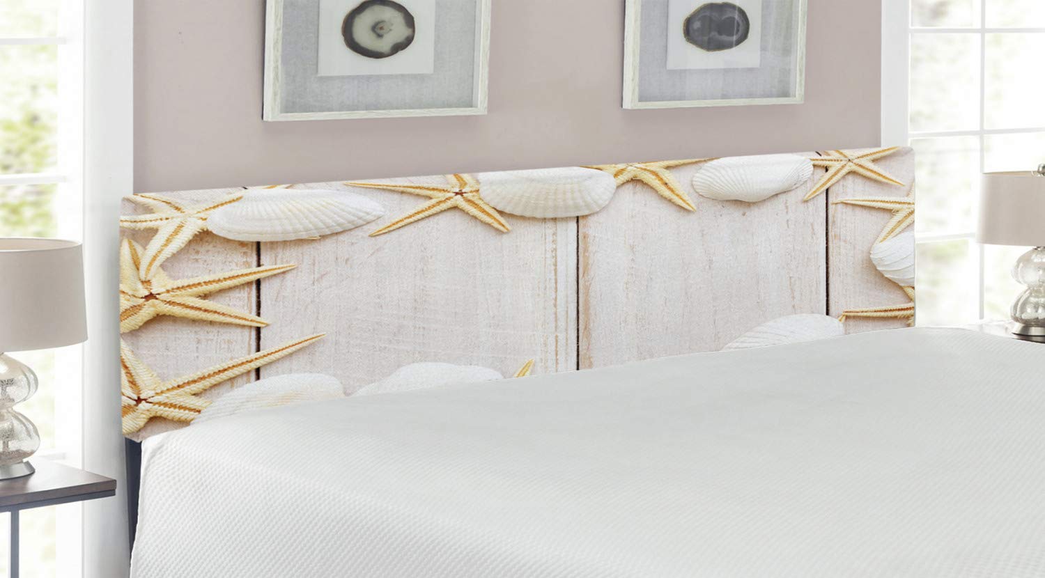 Ambesonne Seashell Headboard - Nautical Themed King Size Upholstered Bed Frame with Memory Foam, Starfish Decor on Solid Wood Backdrop in Cream & Beige | Perfect for Coastal, Beach House & Master Bedroom Decor