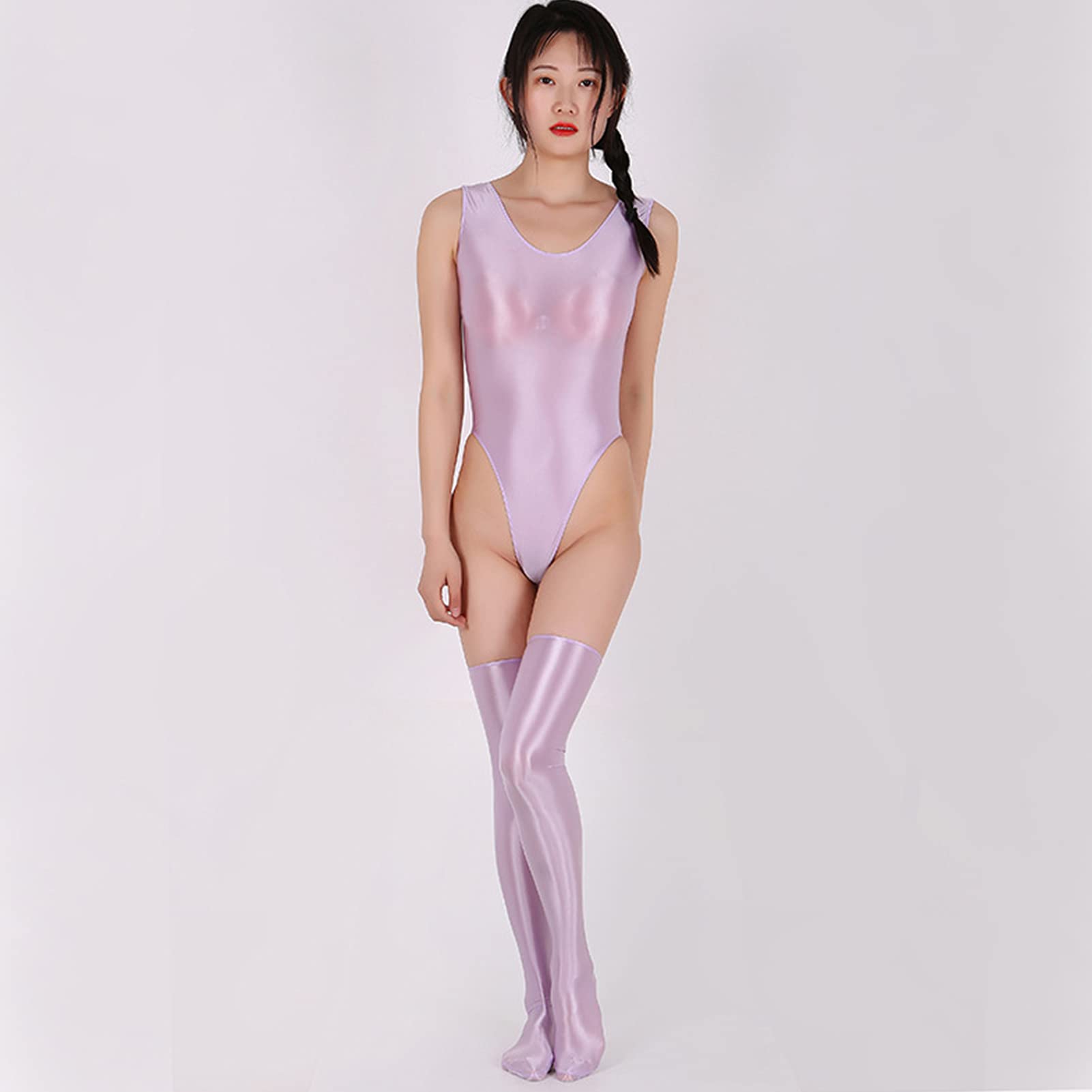 Leesuo Women's Sexy High Cut Bodysuit - Shiny Glossy Leotard with Thigh High Stockings | Perfect for Halloween, Cosplay & Nightclub Outfits