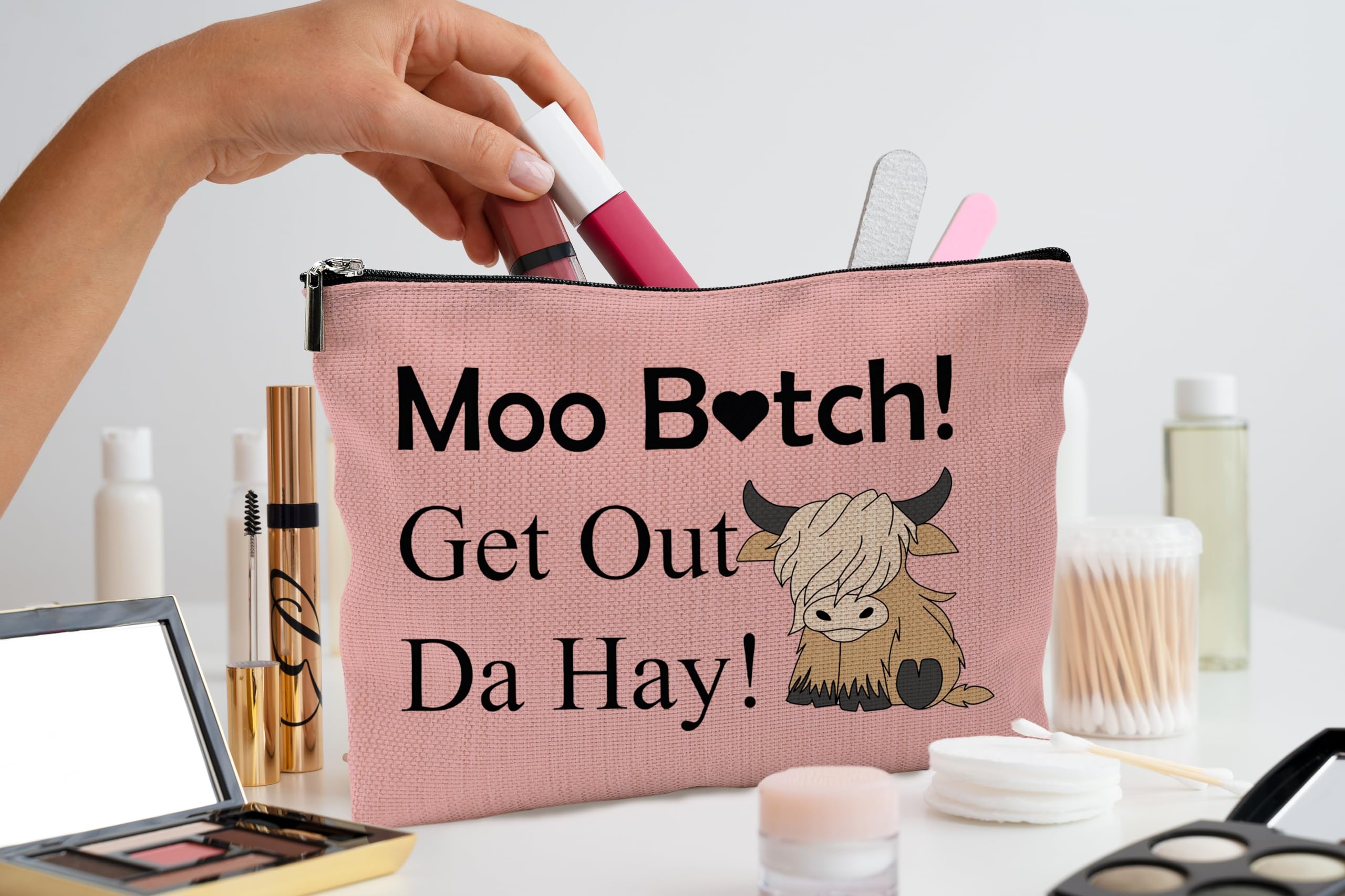 Pink Western Cow Print Makeup Bag with Zipper - Cute Cosmetic Pouch for Women & Cow Lovers - Perfect Travel Organizer, Gift Idea for Birthday, Christmas & Cowgirl Theme Parties