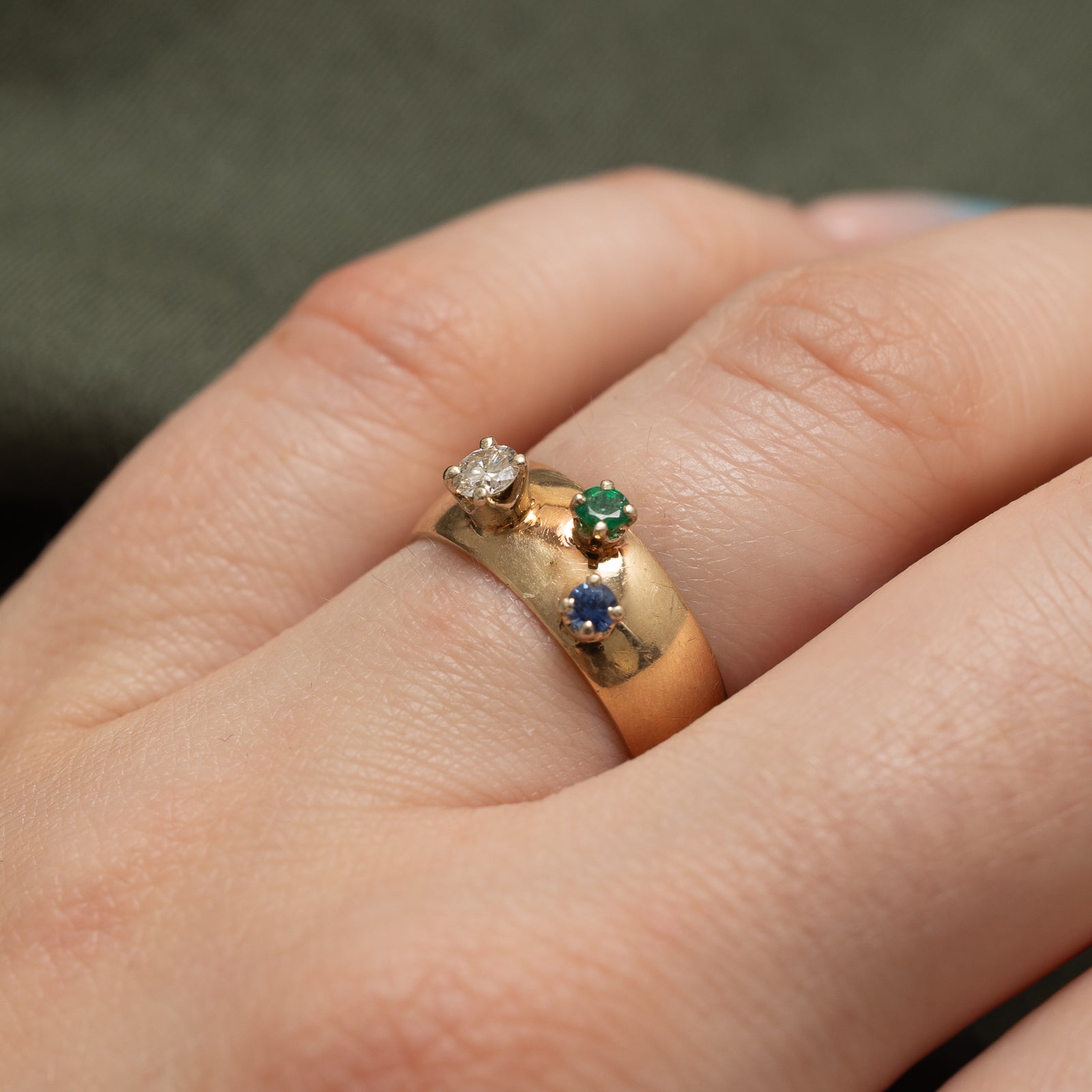 Three Stone Diamond, Sapphire & Emerald Ring | 0.14ct Diamond with 0.10ctw Sapphire & Emerald | Size 5.75 | Elegant Wedding Band, Anniversary Gift for Her