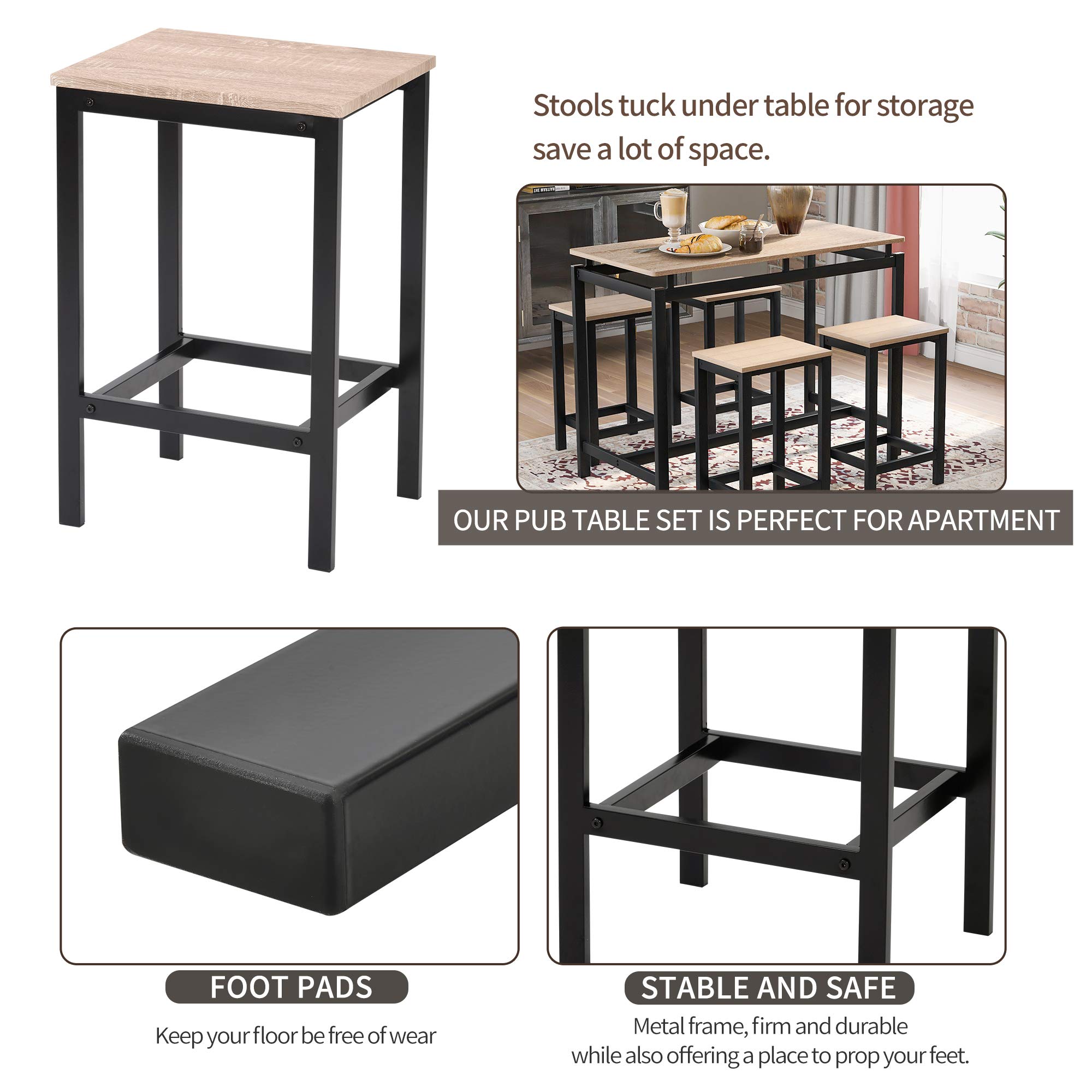 5-Piece Modern Dining Table Set with Bar Table & 4 Stools - Metal Frame Kitchen Table & Multifunctional Desk for Living Room, Dining Room, Home or Office - Perfect for Small Spaces & Entertaining (Oak Finish)