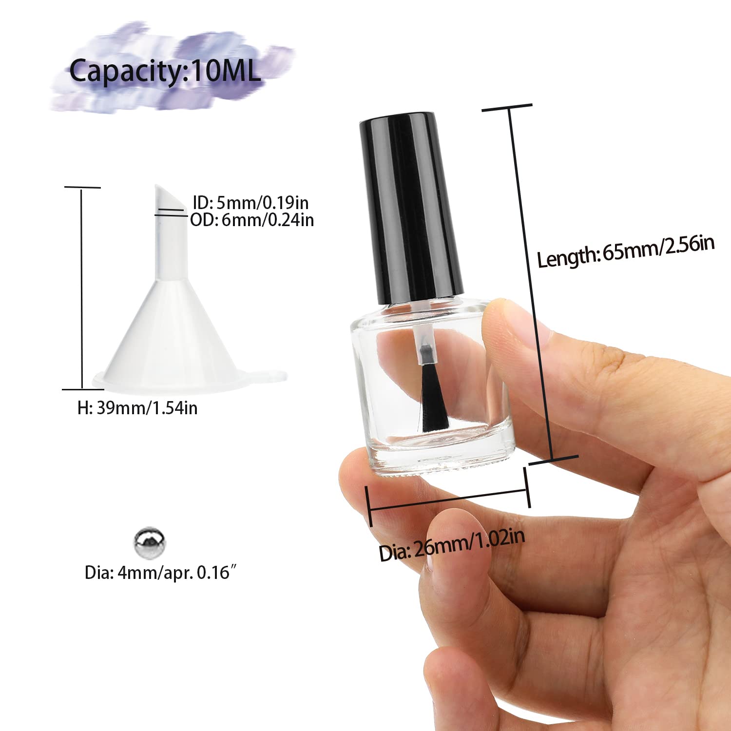 6 Pack 10ml Empty Nail Polish Bottles with Brush Cap - Refillable Glass Bottles with Mixing Balls & Funnels for DIY Nail Art, Manicure, Salon & Home Use