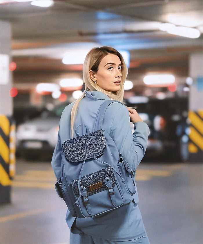 Wrangler Floral Tooled Concealed Carry Backpack for Women & Men - Tactical EDC Hiking Daypack with Hidden Gun Pocket - Perfect for Outdoor Adventures, Travel & Everyday Use