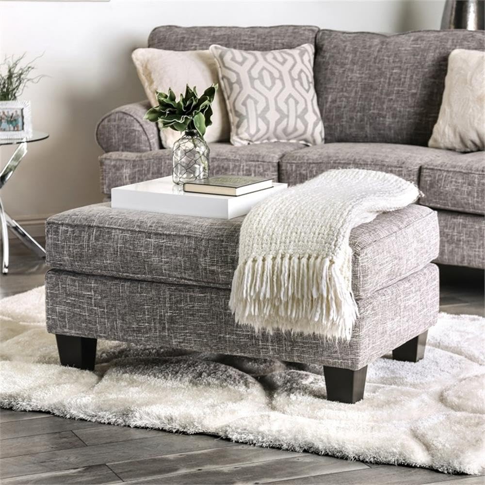 Furniture of America Brummitt Transitional Fabric Upholstered Ottoman in Gray - Modern Living Room Footrest, Bedroom Storage Bench, Comfortable Home Decor