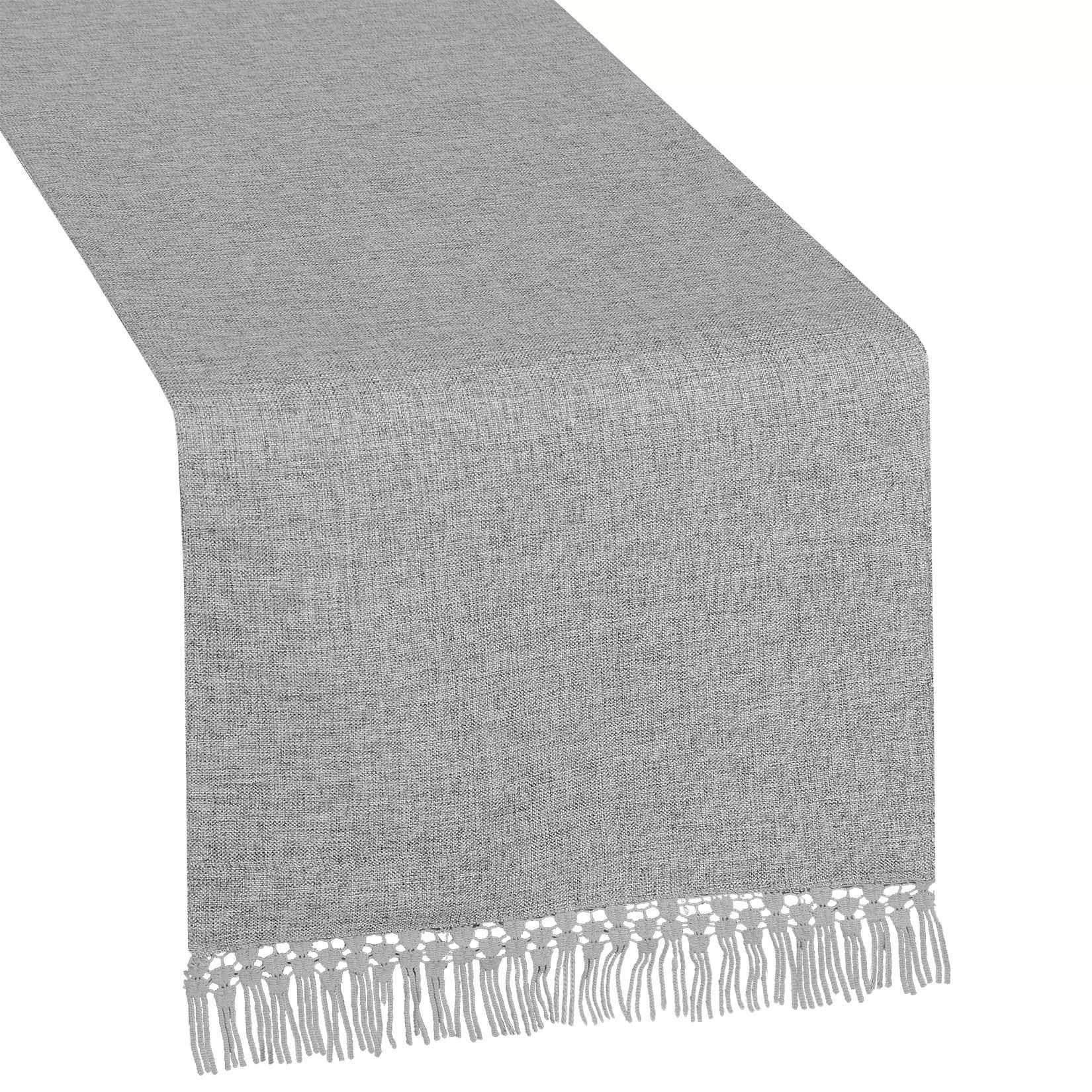 Grelucgo Dark Gray Multi-Tassel Table Runner - 14x60 Inch Linen Dresser Scarf for Dining Table, Buffet, Wedding Decor & Home Decoration