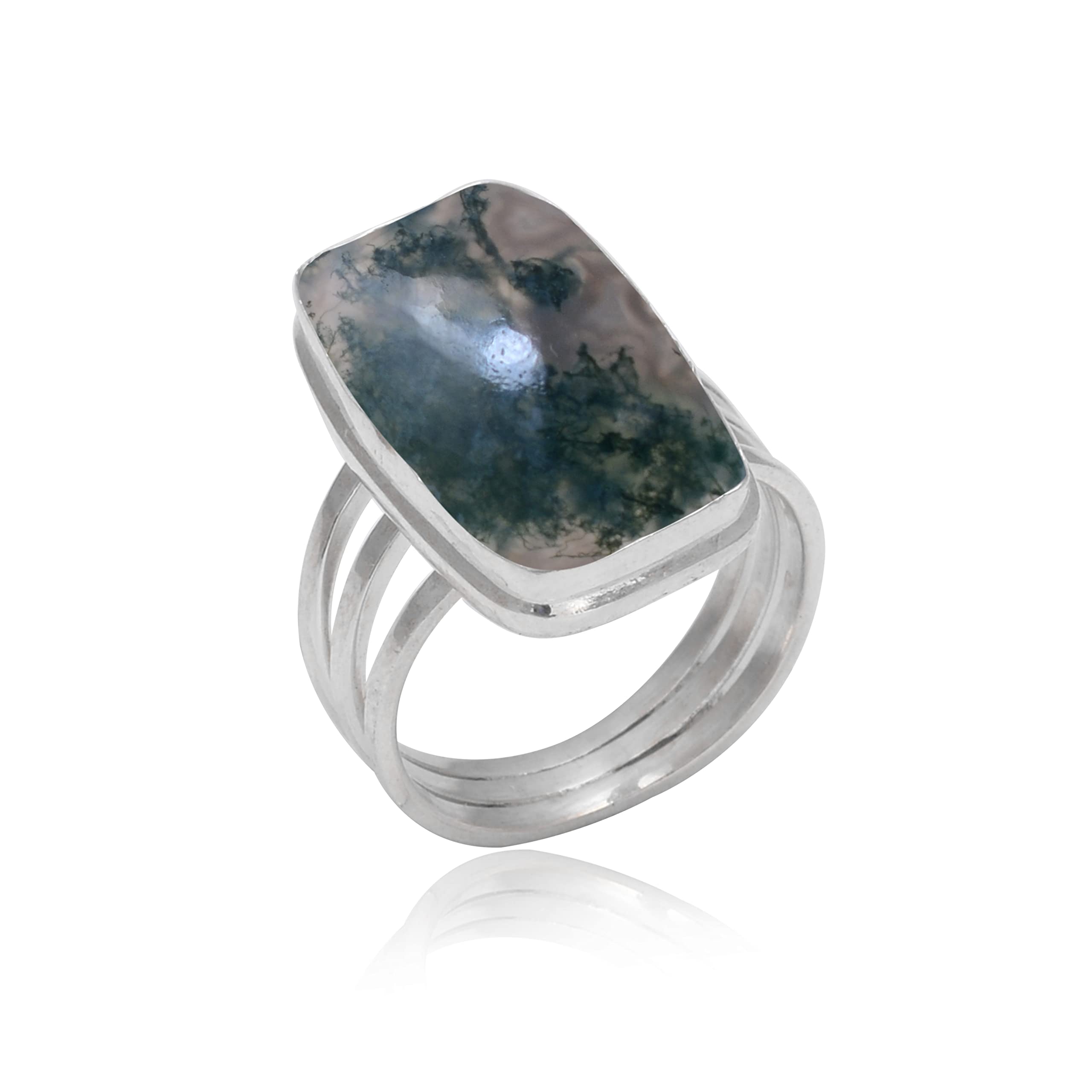 Veracity Jewelry Moss Agate Rings for Women - 925 Sterling Silver Healing Meditation Rings with Natural Green Gray Moss Agate Gemstone - Elegant Spiritual Jewelry for Yoga, Meditation & Everyday Wear - VSR-788