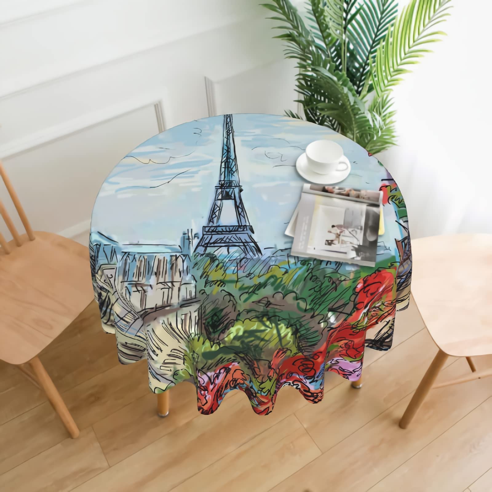 Paris Flower Tablecloth 60 Inch Round - Waterproof Fabric Farmhouse Table Cover for Dining, Party, Birthday & Wedding Decor | Home & Kitchen Decorations