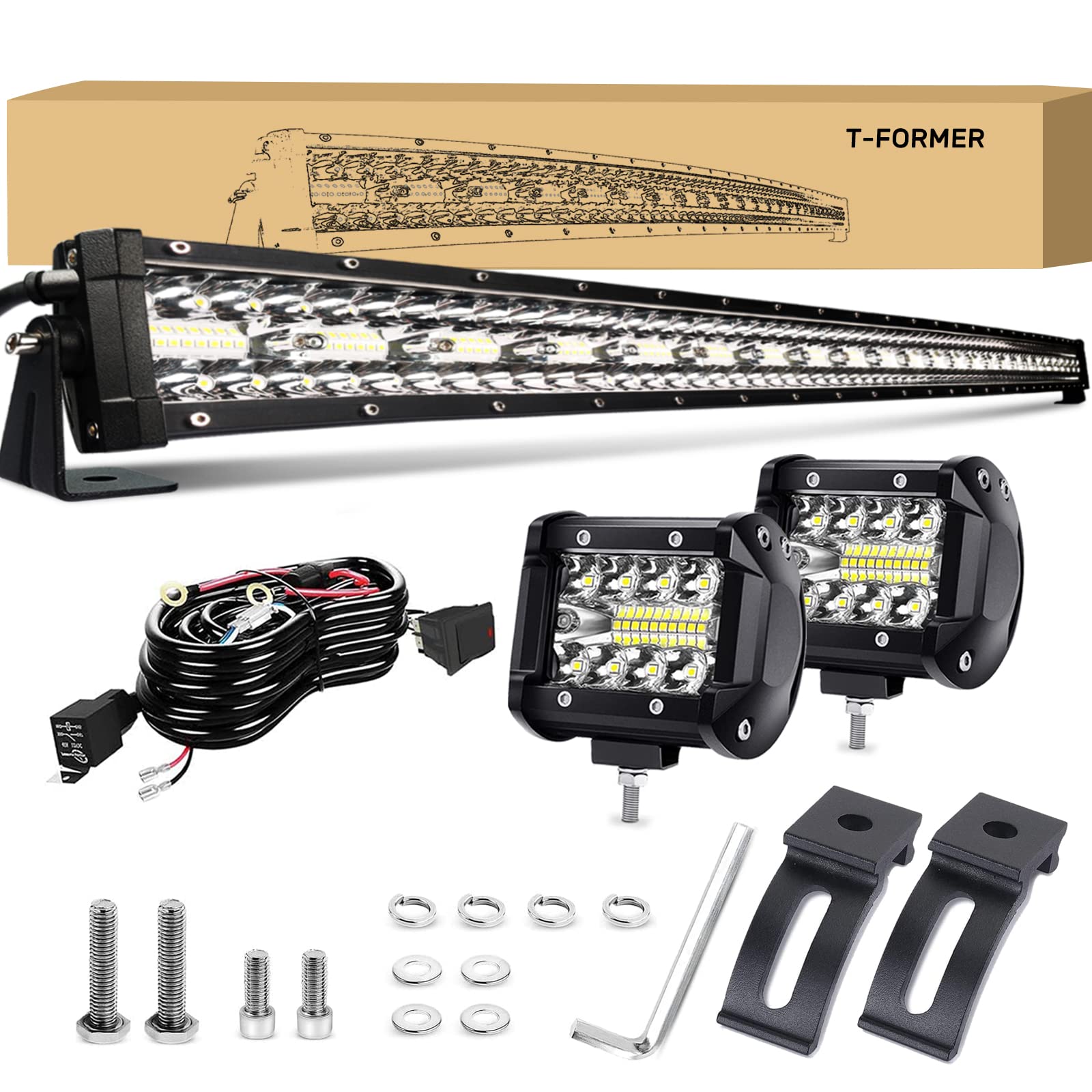 32 Inch LED Light Bar T-Former Triple Row 672W Spot Flood Combo Light Bar with 2pc 4 Inch 60W Driving Fog Lights & Wiring Harness - Waterproof Off-Road Lighting for Trucks, ATV, UTV, Jeep, Boat & Pickup - Perfect for Night Driving, Off-Roading & Emergency Lighting