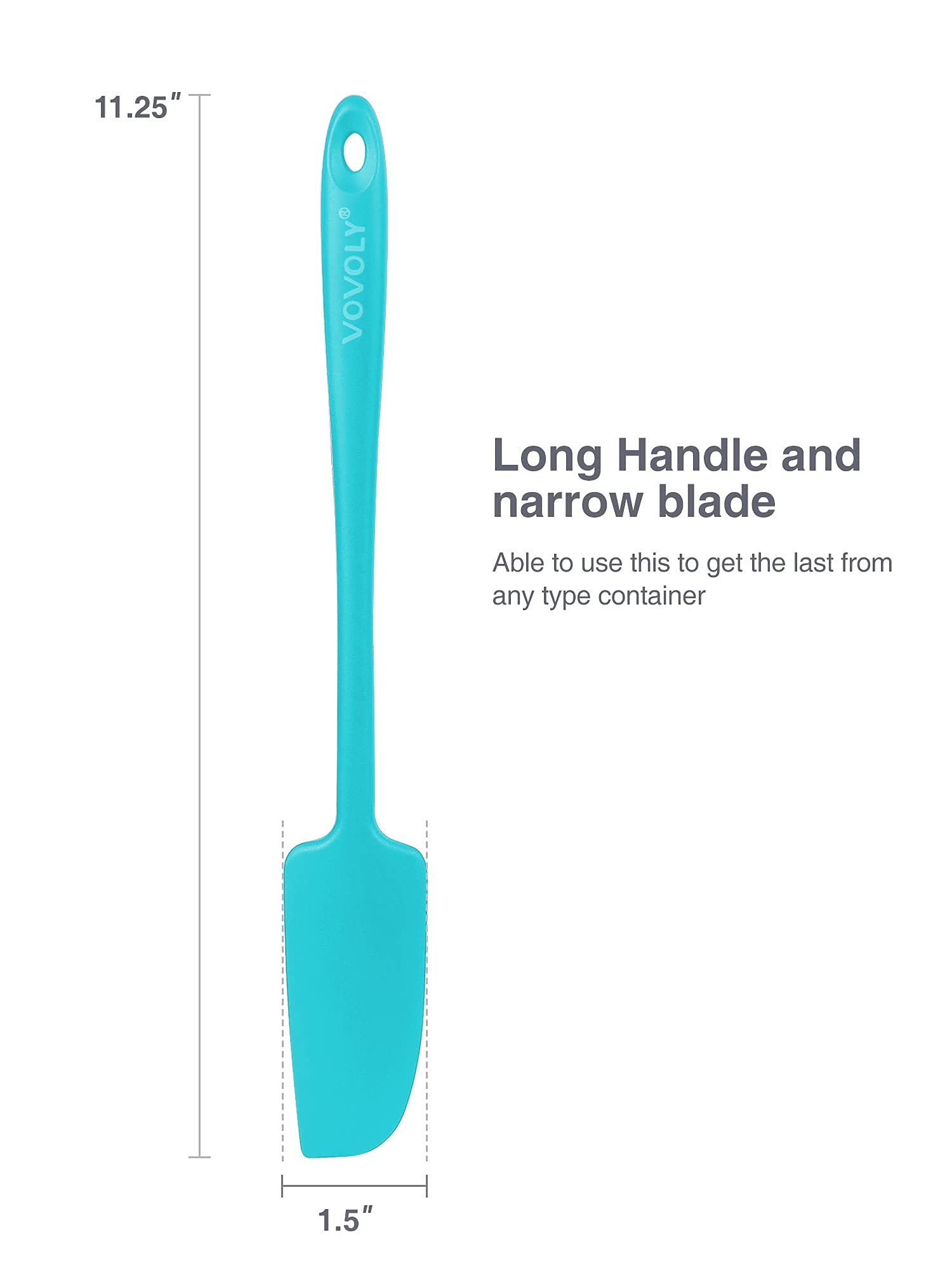 2-Pack Vovoly Silicone Jar Spatulas - Small Seamless Rubber Scraper with Stainless Steel Core, Heat Resistant & Non-Stick Mini Spatula for Jars, Blenders, Mixing, Baking - BPA Free, 11 Inch, Teal - Perfect for Kitchen, Cooking, Food Prep & Smoothie Making