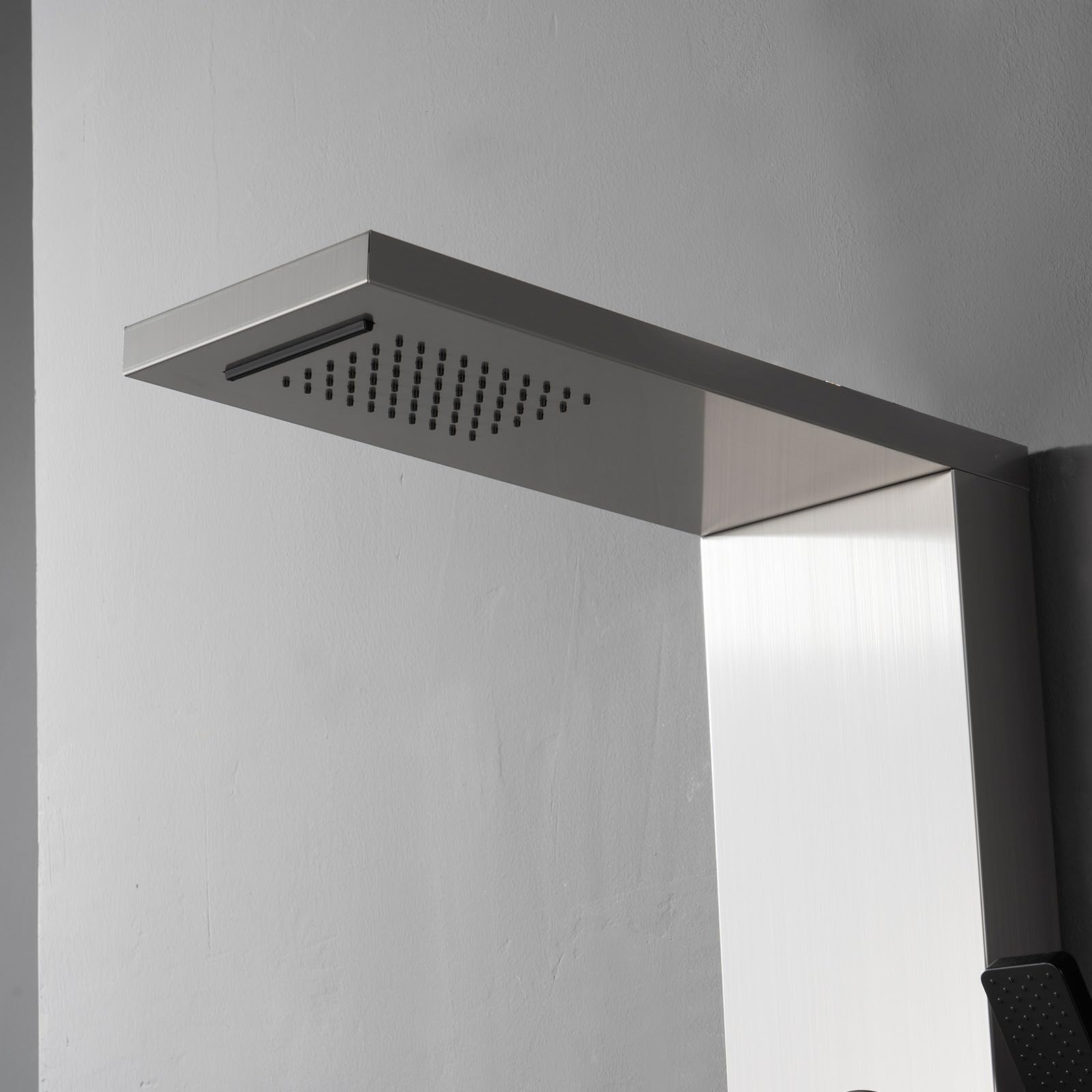 BWE 5-in-1 Shower Panel System with Rainfall Shower Head, Waterfall & Body Jets - Brushed Nickel & Black Tower for Luxurious Spa Experience - Perfect for Master Bathroom Renovation & Modern Home Upgrade