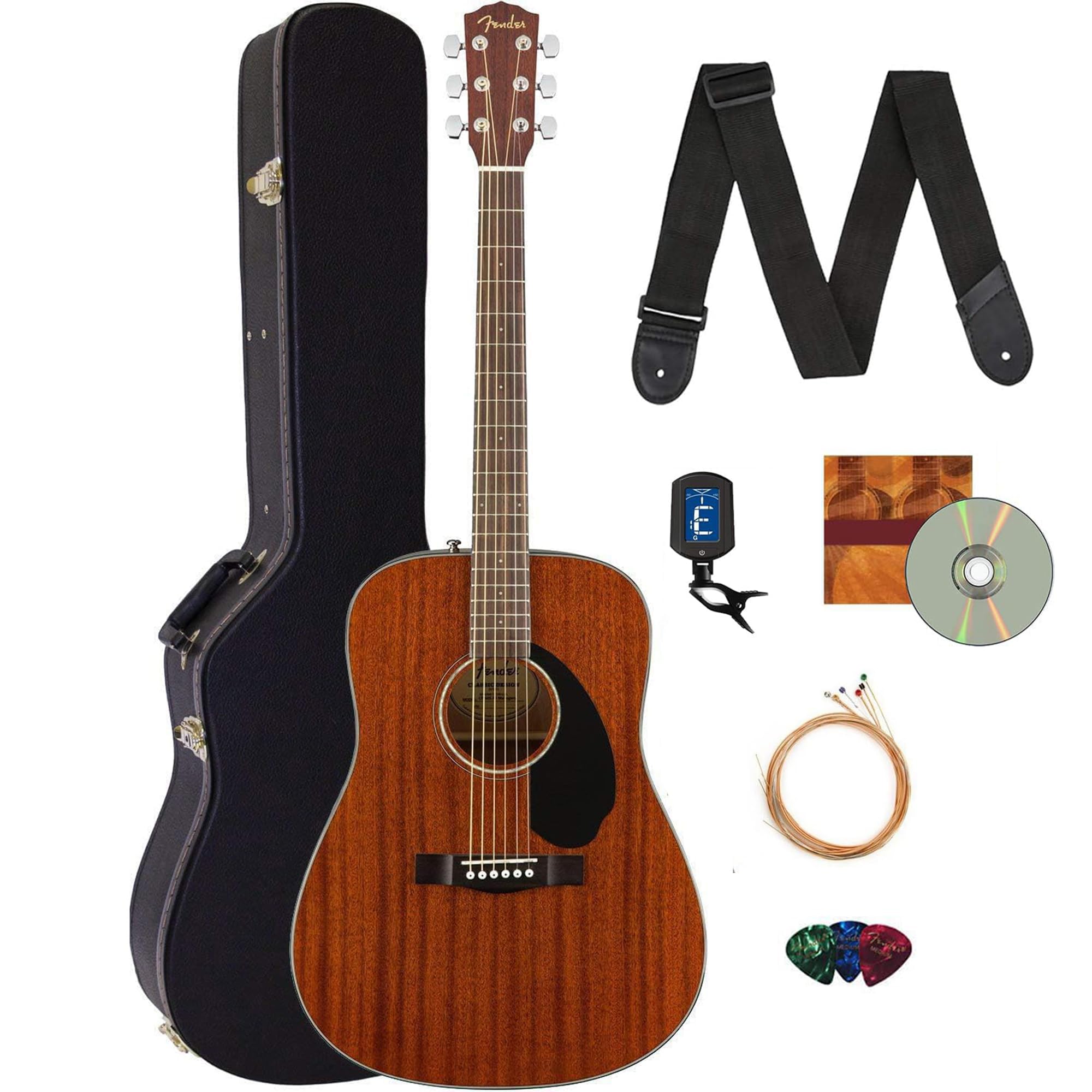 Fender CD-60S Solid Top Dreadnought Acoustic Guitar - All Mahogany Bundle with Hard Case, Tuner, Strap, Strings, Picks & Instructional DVD | Perfect for Beginners, Live Performances & Home Practice