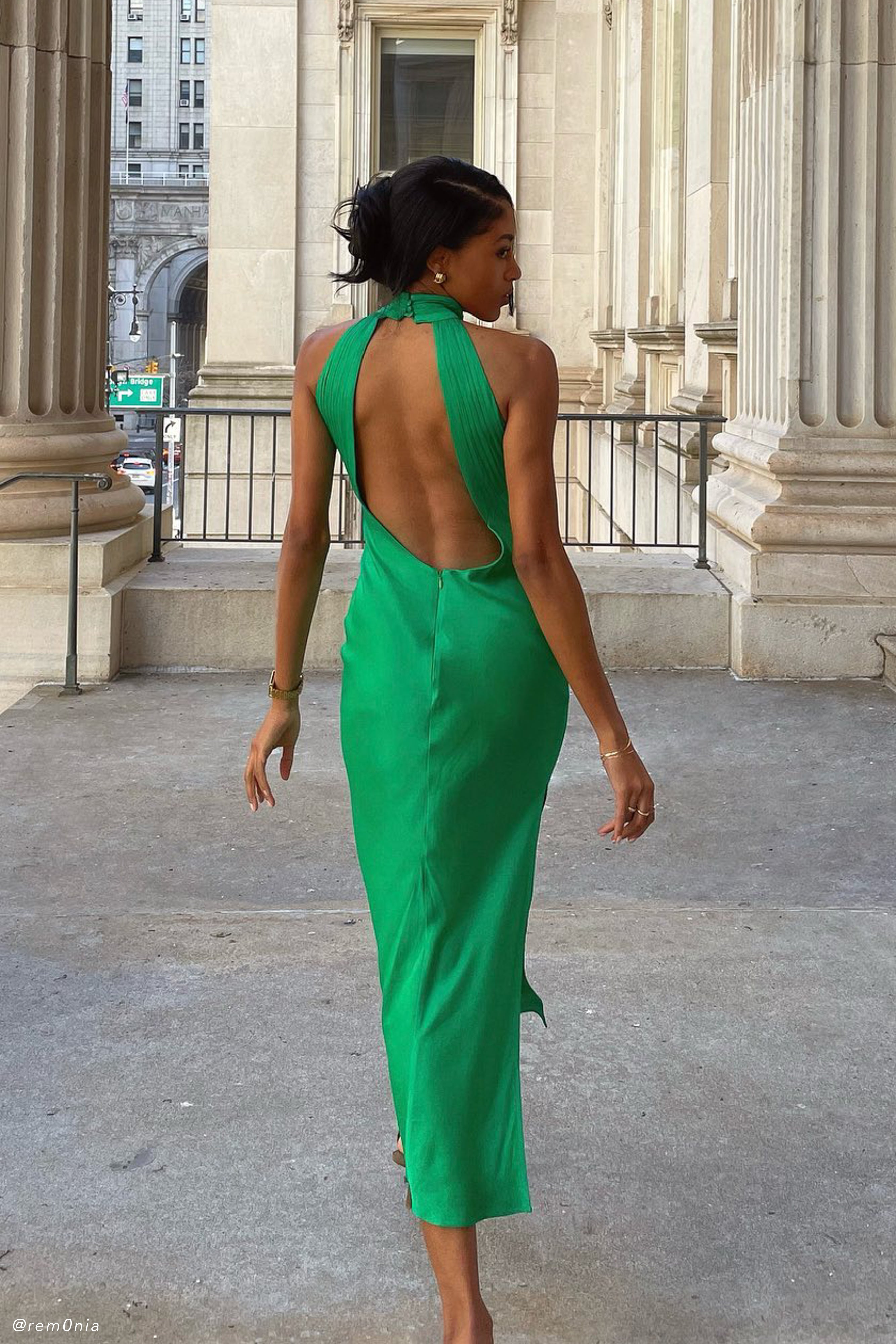 Elegant Green Satin Drape Back Maxi Dress with High Slit - Perfect for Evening Parties, Weddings & Special Occasions