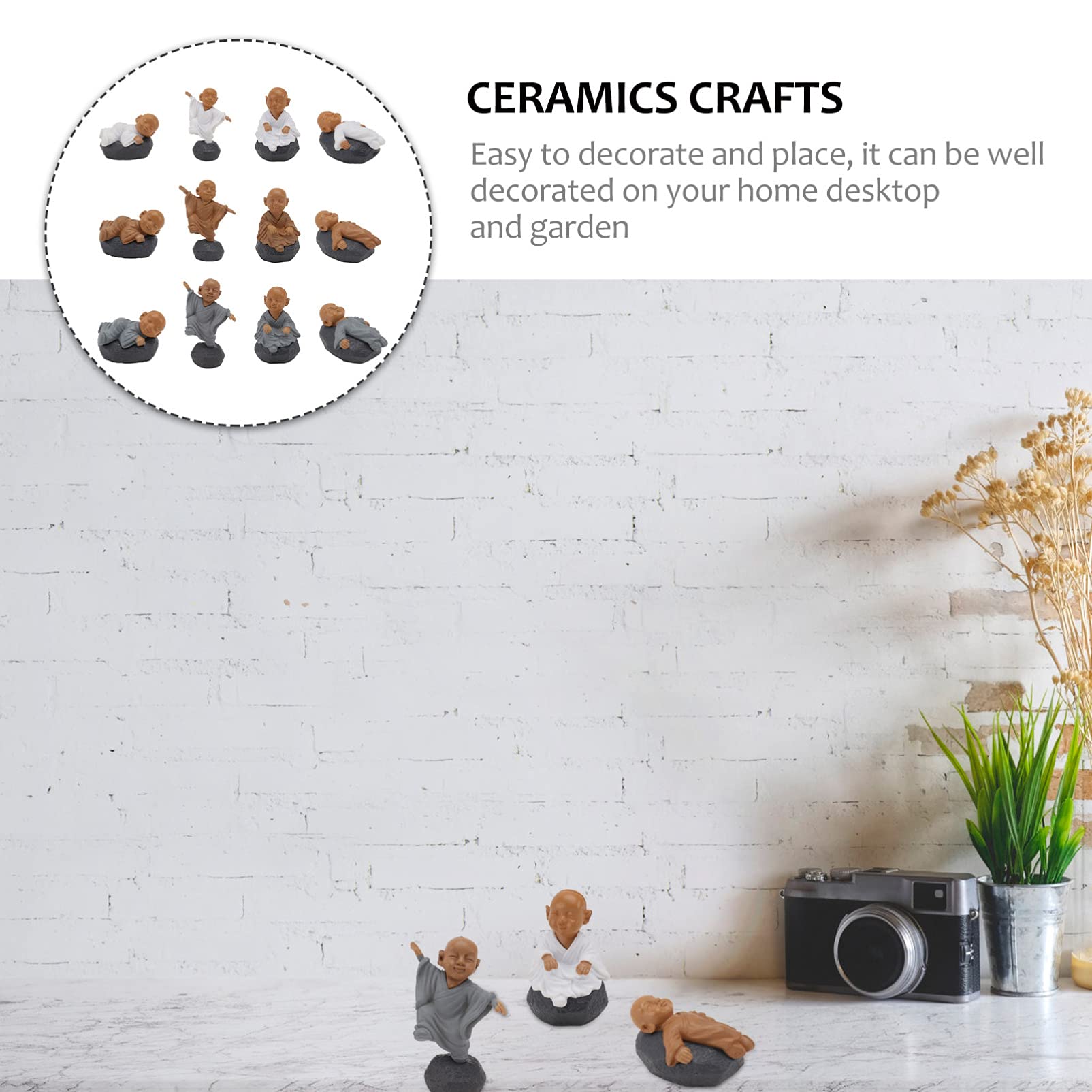 12pcs Ceramic Smiling Buddha Statues - Monk Landscape Ornaments for Terrarium, Fish Tank, Cake Decor, Car Dashboard & Outdoor Decor - Cartoon Buddha Figurines for Home, Garden & Office Decorations