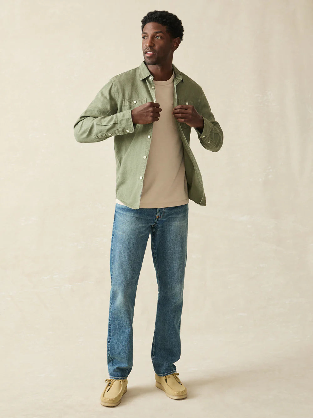 FAHERTY Men's Desert Olive Chambray Work Shirt - Casual Button Down Shirt for Outdoor Work, Hiking & Everyday Wear