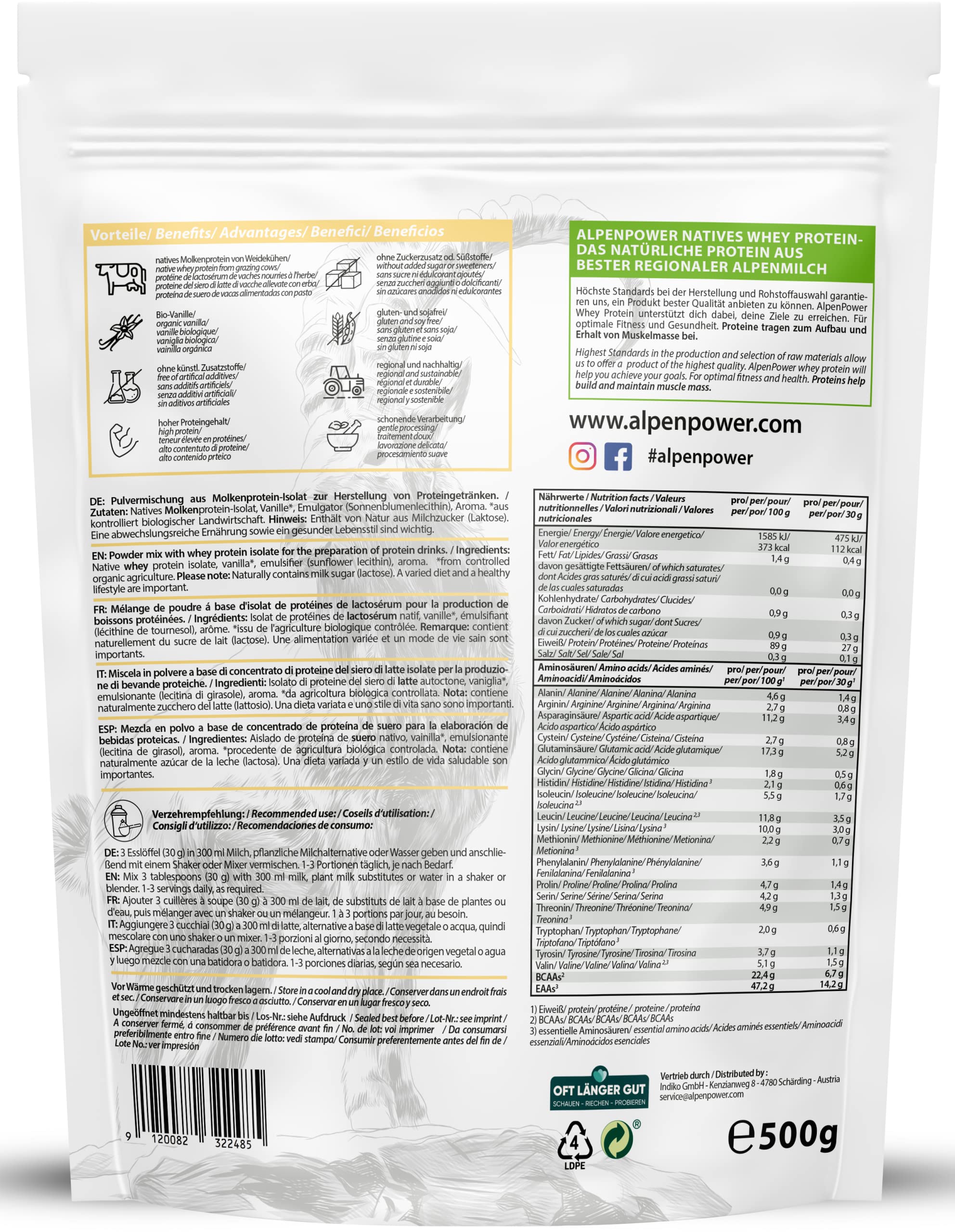 AlpenPower Native Whey Protein Isolate Vanilla 500g - 100% Natural Whey Protein Powder from Alpine Milk, No Artificial Sweeteners, High-Quality CFM Protein for Muscle Recovery & Post-Workout - Perfect for Smoothies, Shakes & Fitness Nutrition