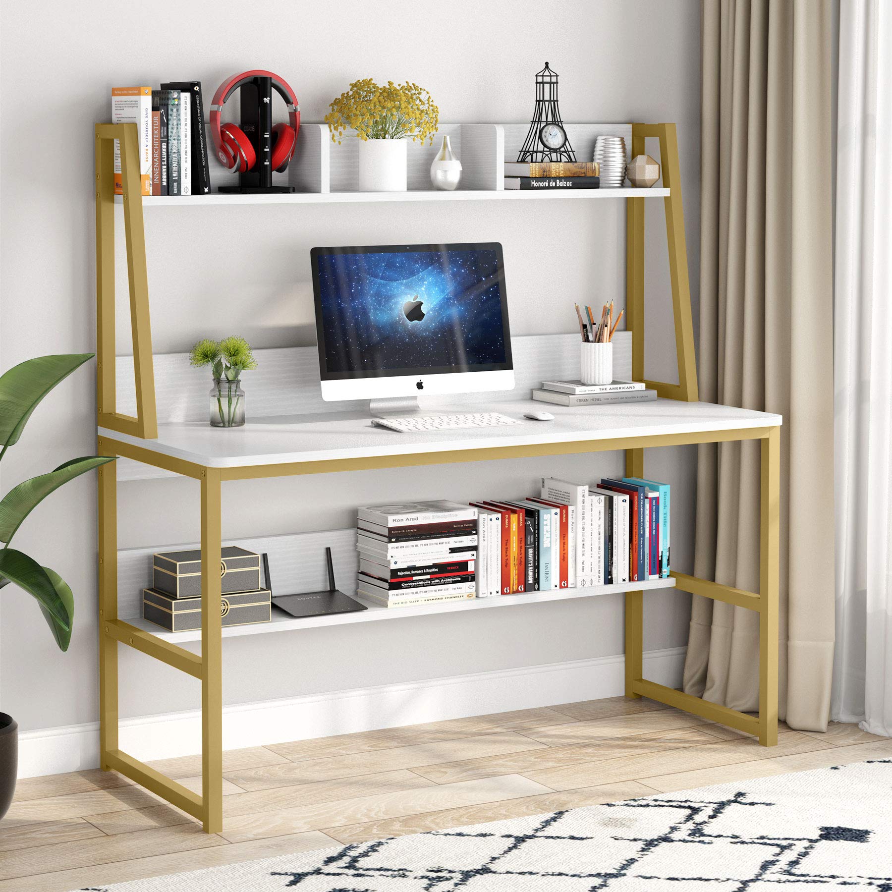 Tribesigns 47 Inch Modern Computer Desk with Hutch and Bookshelf - Home Office Writing Study Desk, Sturdy Workstation for Small Spaces (White) - Perfect for Remote Work, Online Classes & Home Office Setup