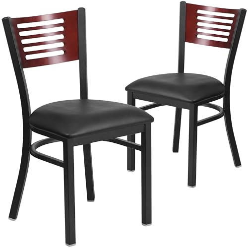 Mahogany Wood Back/Black Vinyl Seat/Black Metal Frame