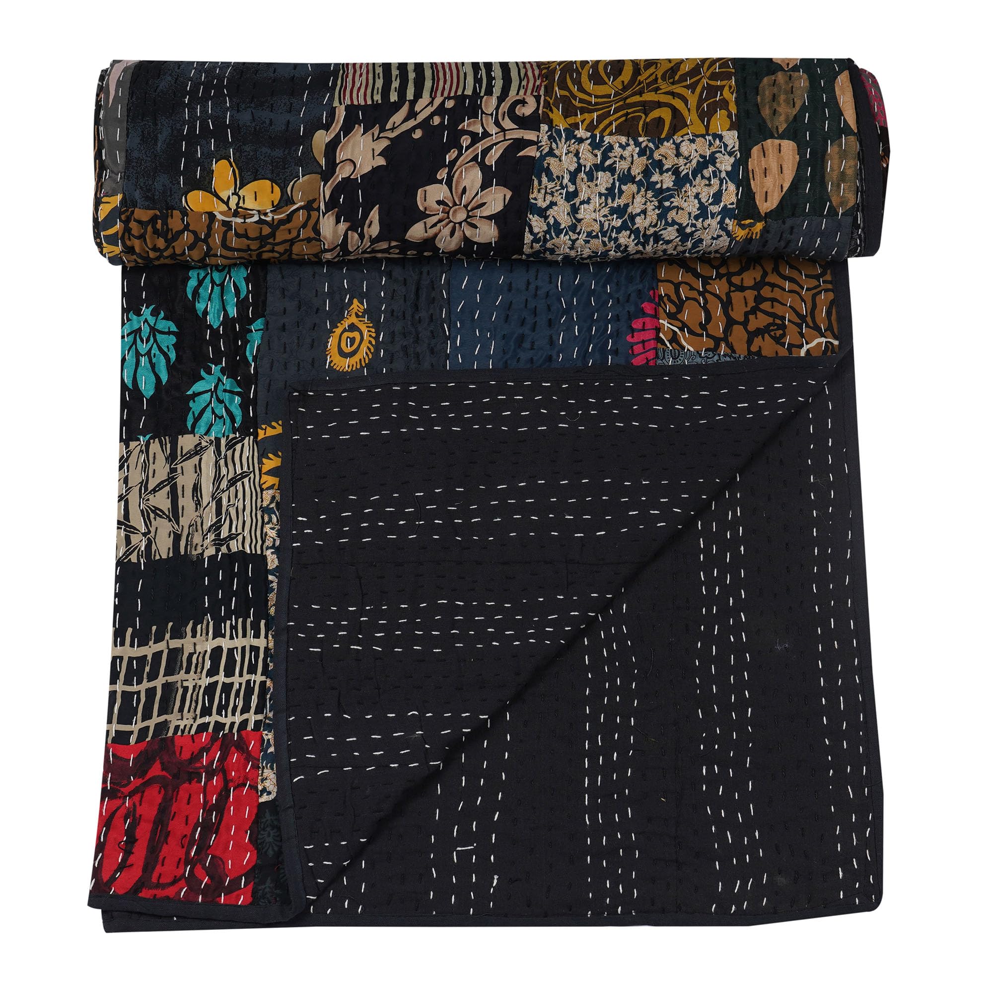 Handmade Cotton Kantha Blanket - Indian Silk Sari Patchwork Quilt | Queen Size 90x108 Inch | Soft & Lightweight for Bed, Sofa & Travel | Marubhumi Premium Blankets