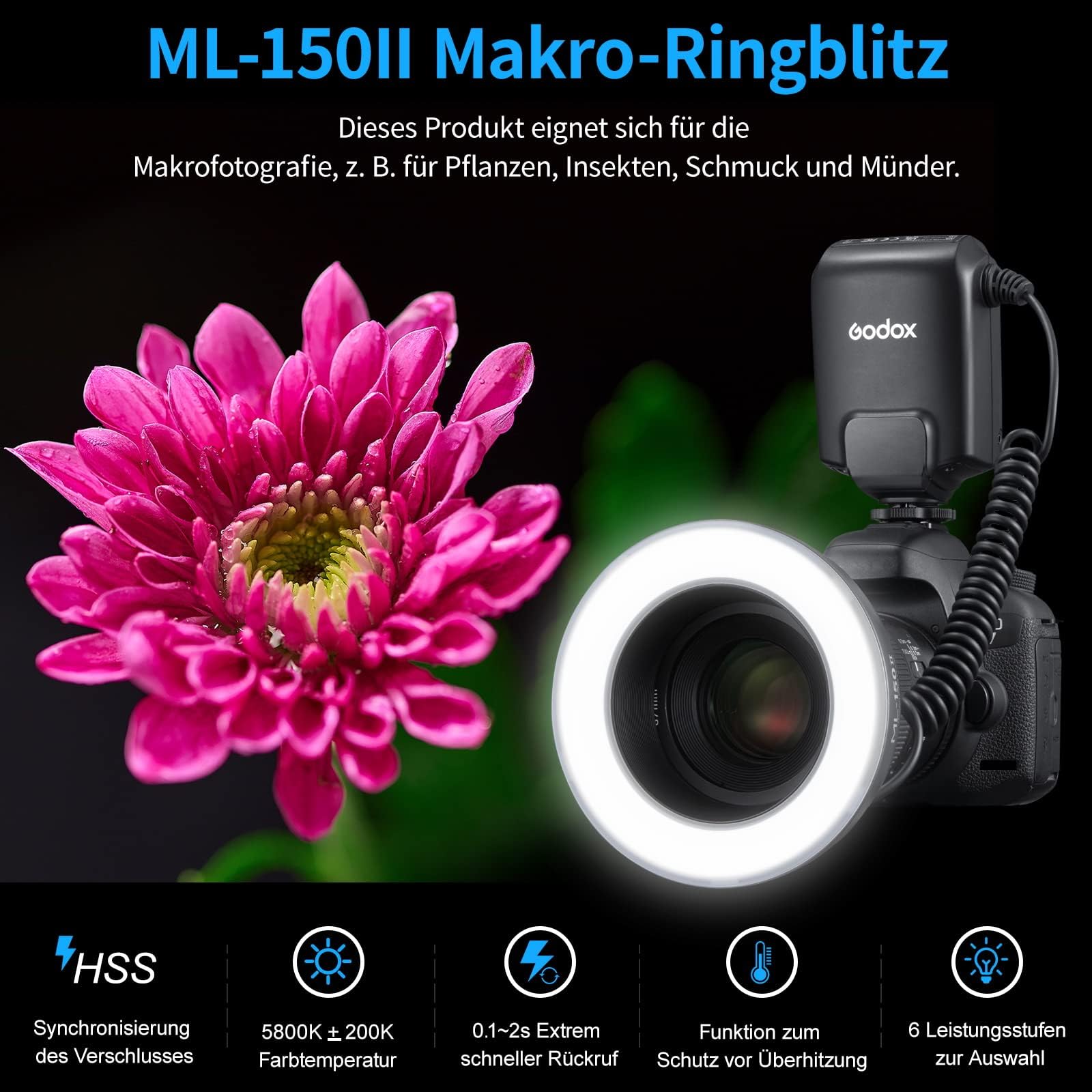 GODOX ML150II Macro Ring Flash - LED Ring Light with Diffuser & Adapter Rings for DSLR/Mirrorless Cameras - Perfect for Jewelry, Product & Macro Photography