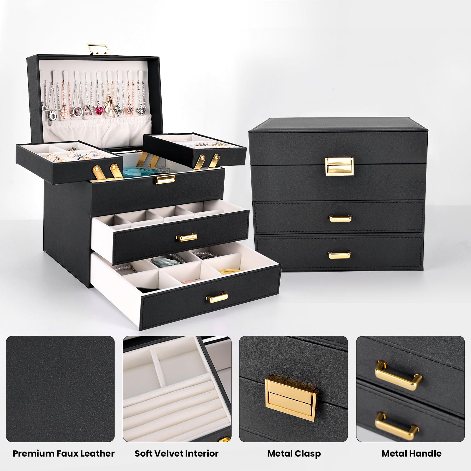 Dajasan 4-Layer Jewelry Box Organizer for Women - Large Jewelry Storage Case for Earrings, Rings, Necklaces & Bracelets - Perfect for Bedroom Vanity, Travel & Gift (Black)