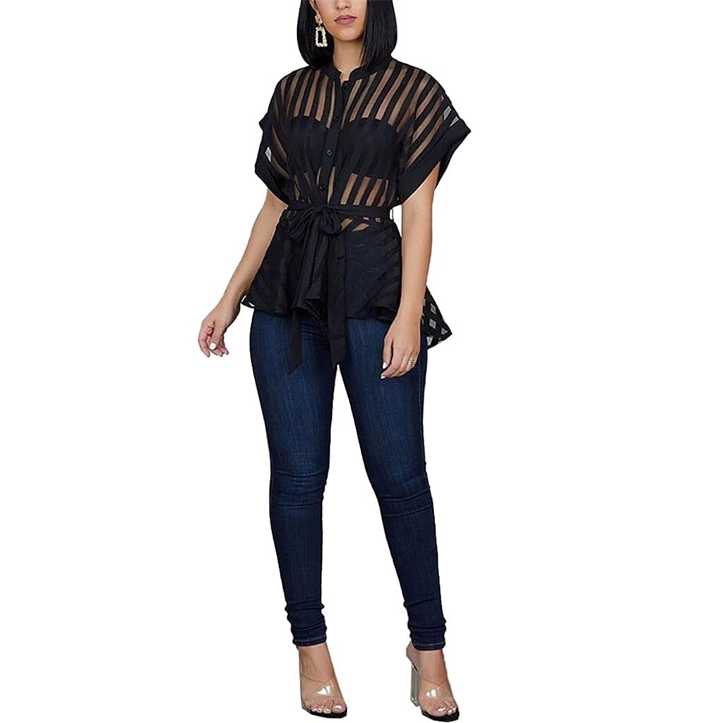 Sexy Flared Striped Blouse for Women - Fashion Short Sleeve Top with Waist Belt (Black, Medium) | Perfect for Date Night, Club Outfits & Summer Fashion