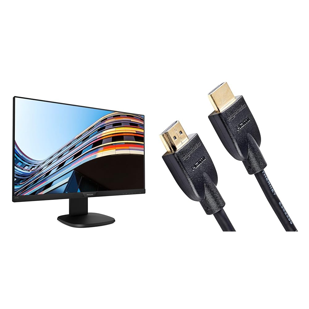 Philips 243S7EHMB 24 Inch IPS LED Monitor - Full HD 1080p, 3-Side Frameless Design, Height Adjustable Stand, Swivel & Tilt - Perfect for Home Office, Gaming & Productivity | Amazon Basics 0.9m High Speed 4K HDMI Cable with Ethernet - 18Gbps, 4K@60Hz, 2160p, Black - Ideal for 4K TVs, Gaming Consoles & Home Theater Systems