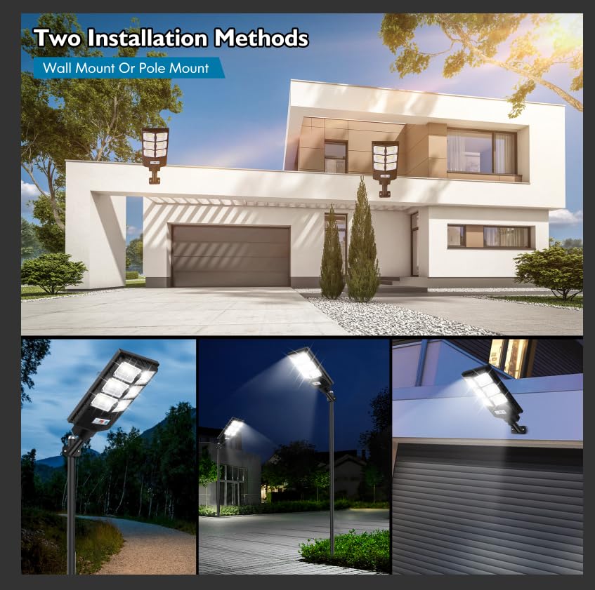 VUAA 4 Pack Solar Street Lights Outdoor Waterproof - 6500K 10000LM LED Solar Lights for Outside, Dusk to Dawn Motion Sensor Flood Lighting with Remote Control - Perfect for Parking Lots, Garages, Driveways, Gardens and Pathways