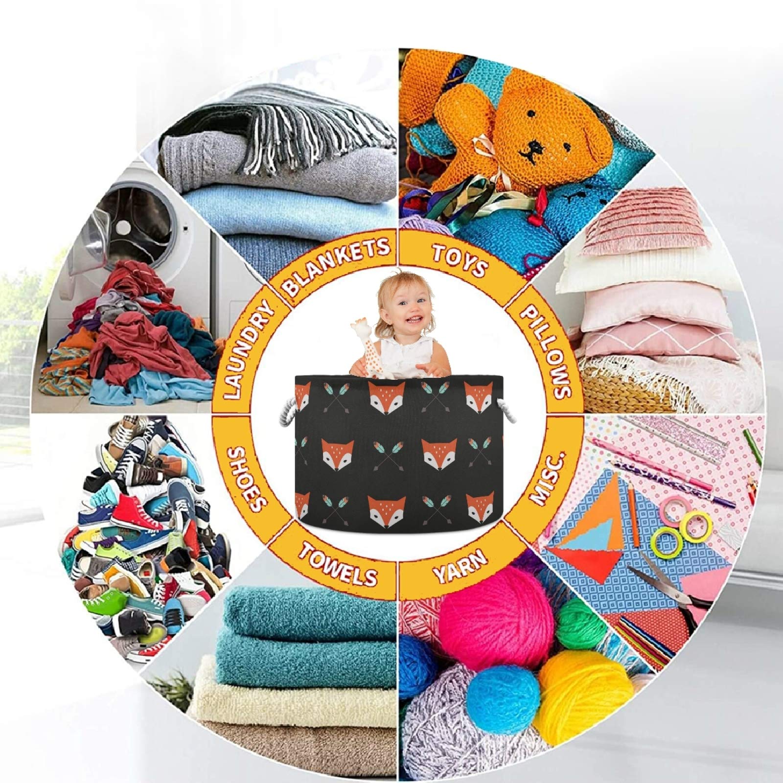 Visesunny Fox & Arrow Animal Nursery Storage Basket - Canvas Fabric Toy Organizer Bin, Laundry Hamper for Kids Room, Playroom, Shelves | Perfect for Toy Storage, Clothes Organization & Nursery Decor