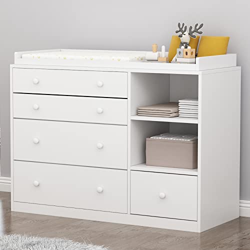 AIEGLE White Nursery Dresser with Changing Table - 5 Drawer Baby Dresser with Storage Shelves, Wooden Baby Changing Station & Organizer for Nursery Bedroom (47.6
