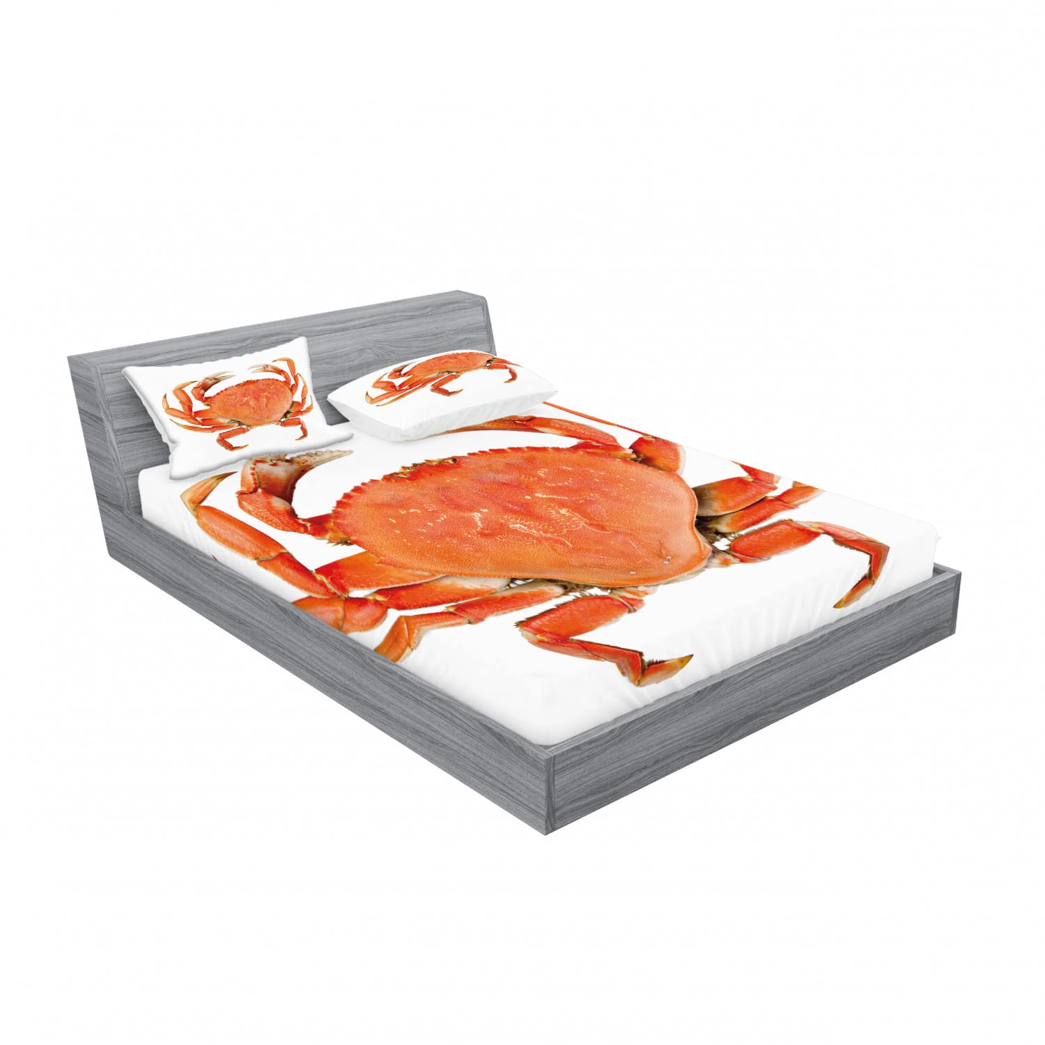 Ambesonne 2-Pack Queen Size Fitted Sheet & Pillow Sham Set - Dungeness Crab Print Orange White Bedding Decor (4-Piece Set) - Perfect for Coastal Themed Bedrooms, Beach House Decor, and Seafood Lover's Home
