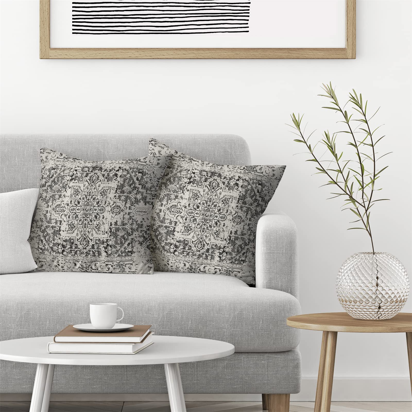 Boho Pillow Covers 20x20 Set of 2 - Ethnic Decorative Throw Pillow Covers with Linen Fabric in Black & Gray Carpet Pattern - Farmhouse Cushion Covers for Sofa, Couch, Bed, Outdoor & Indoor Decor - Perfect for Living Room, Patio & Home Styling