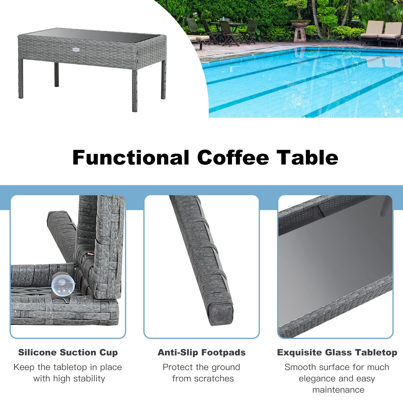Tangkula 4-Piece Outdoor Patio Furniture Set with Cushions - All-Weather Wicker Sectional Sofa, Glass Top Coffee Table & Sturdy Steel Frame - Perfect for Backyard, Poolside, Balcony or Garden Relaxation
