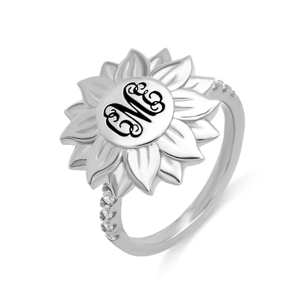 Custom Sunflower Monogram Ring 925 Sterling Silver Personalized Engraved Initials Ring for Women - Perfect Graduation, Christmas, Wedding, Anniversary & Mother’s Day Gift for Wife, Sister, Daughter | Elegant Jewelry for Everyday Wear & Special Occasions