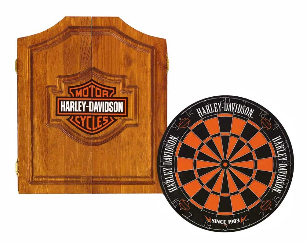 Harley-Davidson 61995 Bar and Shield Dartboard Cabinet Set - Classic American Style Game Room Decor for Man Cave, Basement or Pub Entertainment