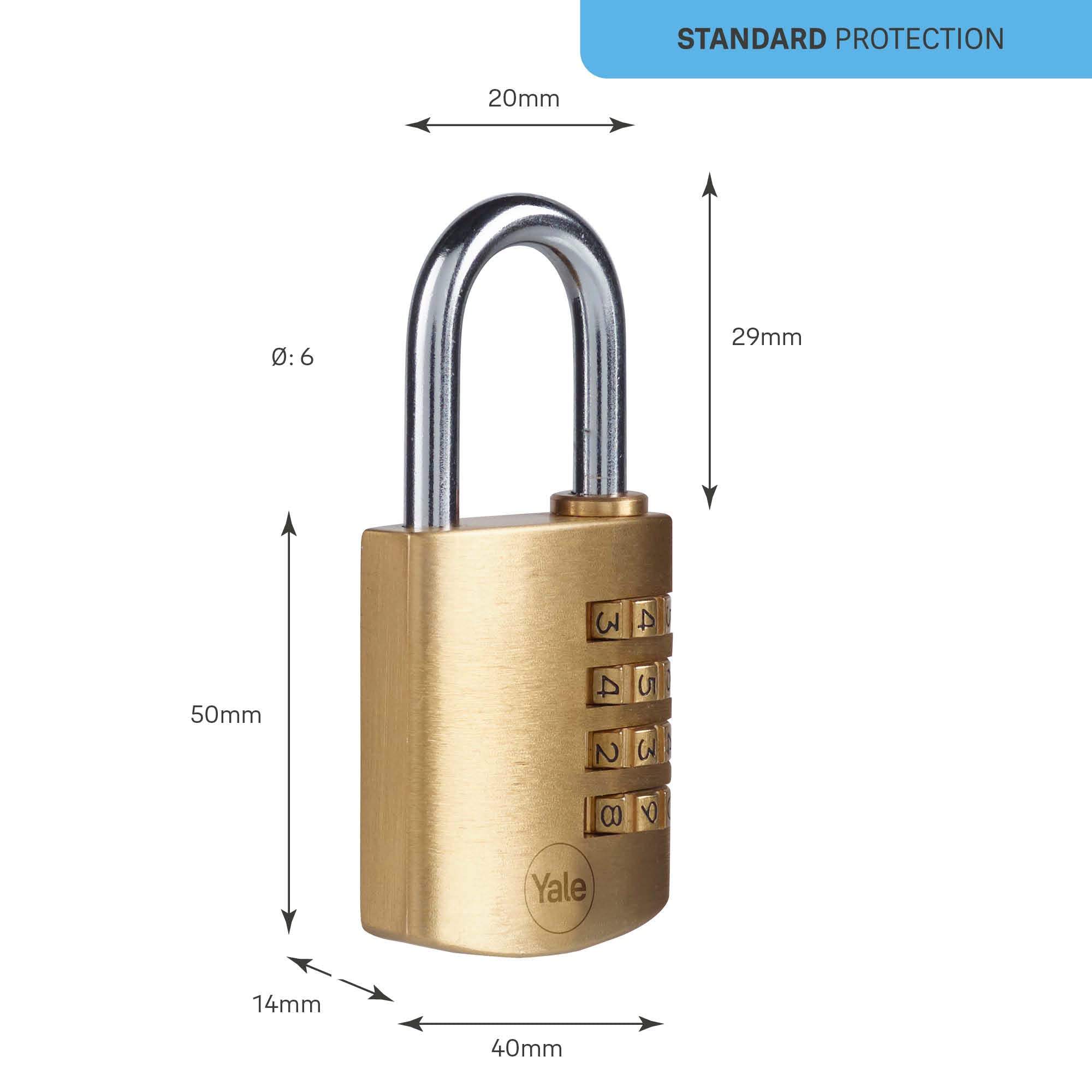 Yale Y150B/40/130/1 Brass Combination Padlock - 40mm Standard Security Lock with 4-Dial Open Steel Shackle - Perfect for Lockers, Toolboxes & Storage Units