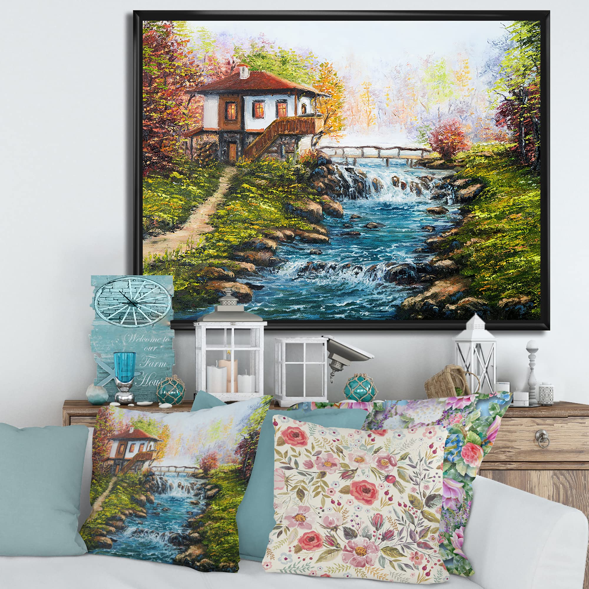 Traditional Bulgarian House and River - Lake House Framed Canvas Wall Art Print | Home Decor for Living Room, Bedroom & Office | Scenic Landscape Painting for Rustic & Farmhouse Style