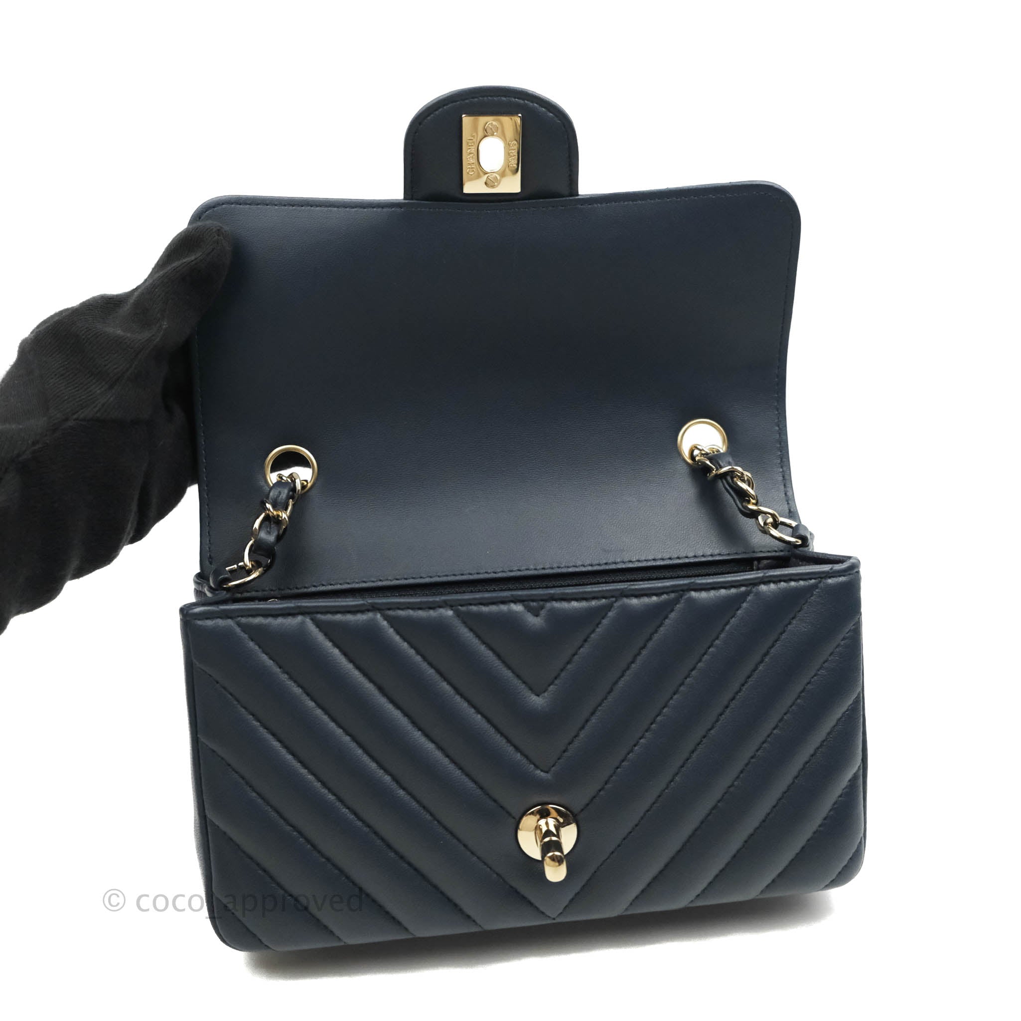 Chanel Chevron Mini Rectangular Flap Bag in Navy Lambskin Leather with Gold Hardware - Luxury Crossbody Purse for Women, Perfect for Date Night & Special Occasions
