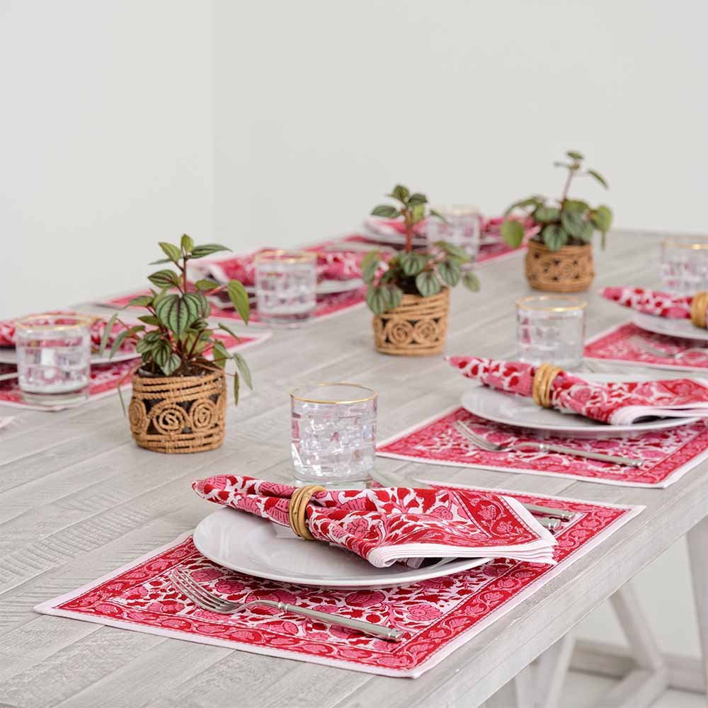 Crimson Blossom Cotton Placemats Set of 4 - Waterproof & Heat Resistant Dining Table Mats for Home Decor, Kitchen, Party, and Holiday Dinner Settings