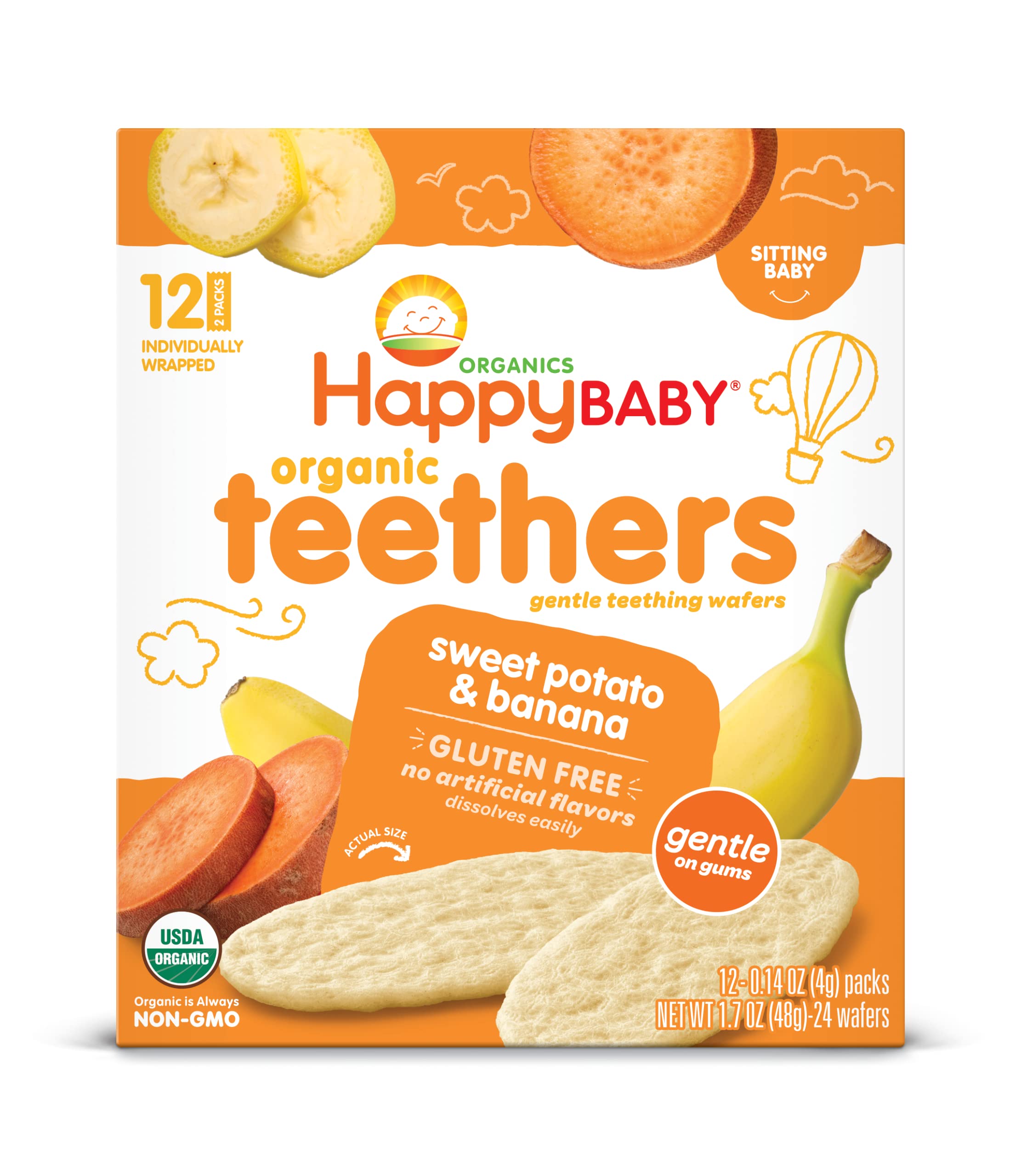 Happy Baby Organics Gentle Teething Wafers - Gluten Free & Vegan Baby Snacks, Sweet Potato & Banana Flavor, 12 Count (Pack of 6) - Perfect for Soothing Sore Gums & On-the-Go Snacking